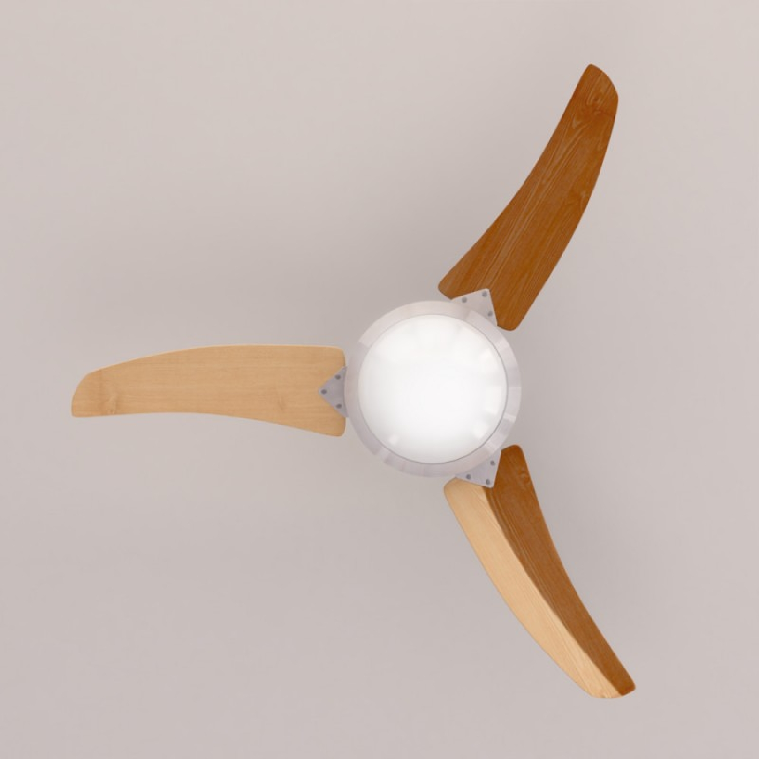 Wentylator sufitowy z trzema drewnianymi łopatkami, białym środkiem i szarym tłem.