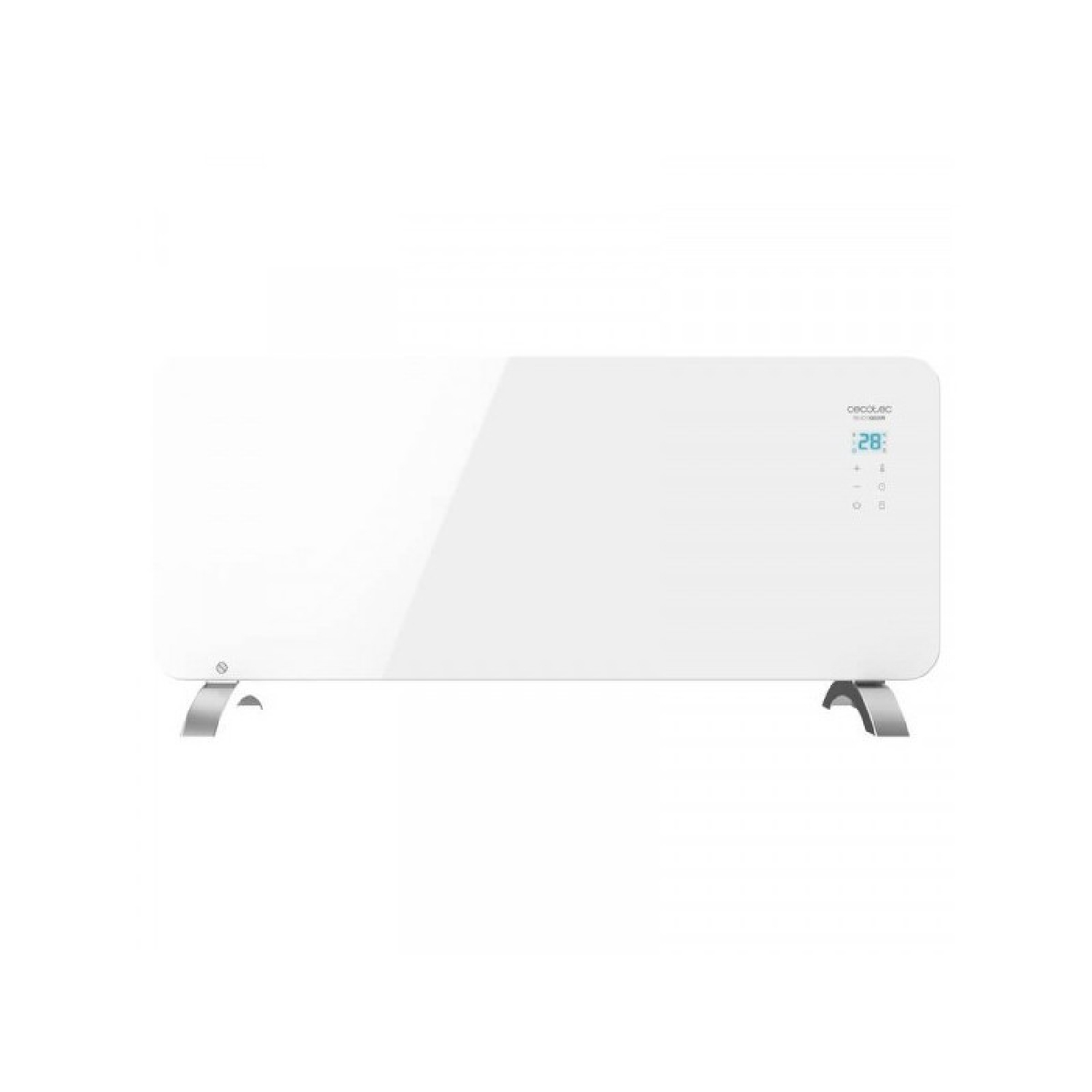 Biały grzejnik elektryczny z cyfrowym wyświetlaczem i dwiema metalowymi nóżkami.