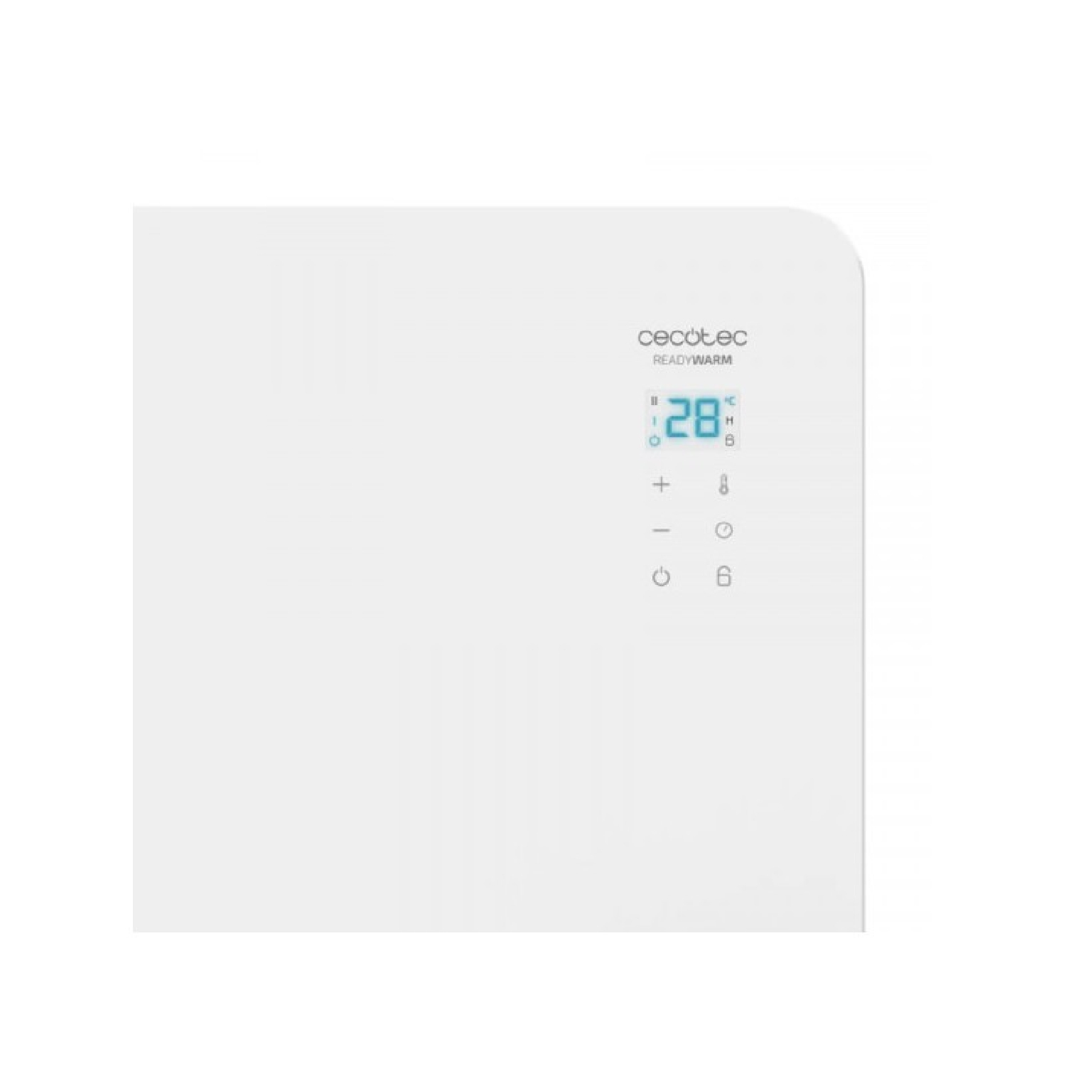 Biały grzejnik cyfrowy z wyświetlaczem pokazującym temperaturę 28C i kilka przycisków.
