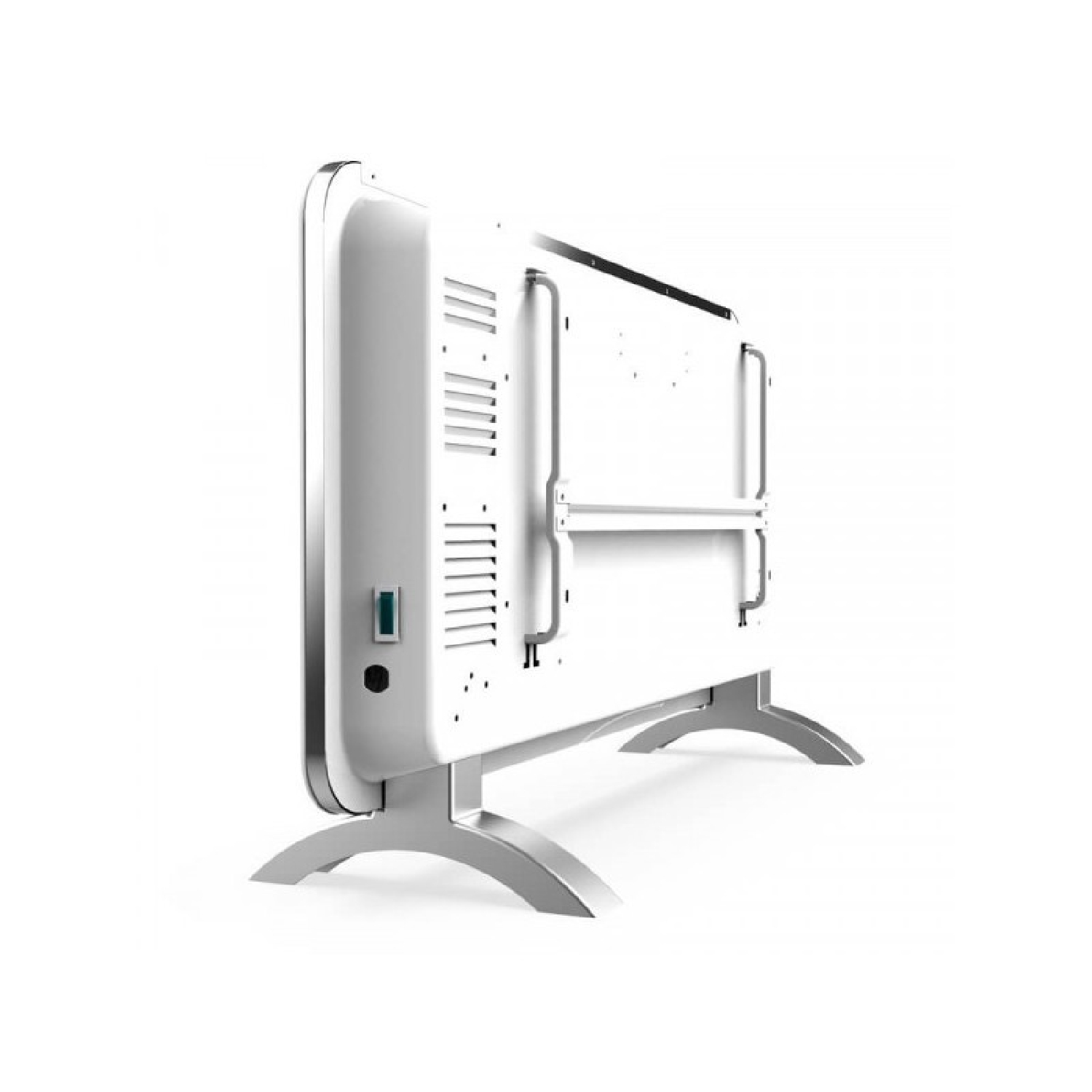 Biały grzejnik elektryczny ze srebrnymi nóżkami. Widok z boku. Izolowany na białym tle.