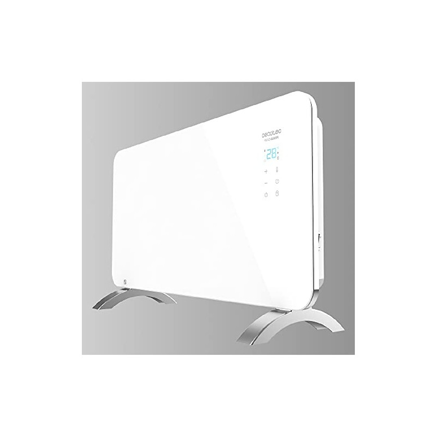 Biały grzejnik elektryczny z cyfrowym wyświetlaczem 28. Srebrne nogi. Tło jasnoszare.