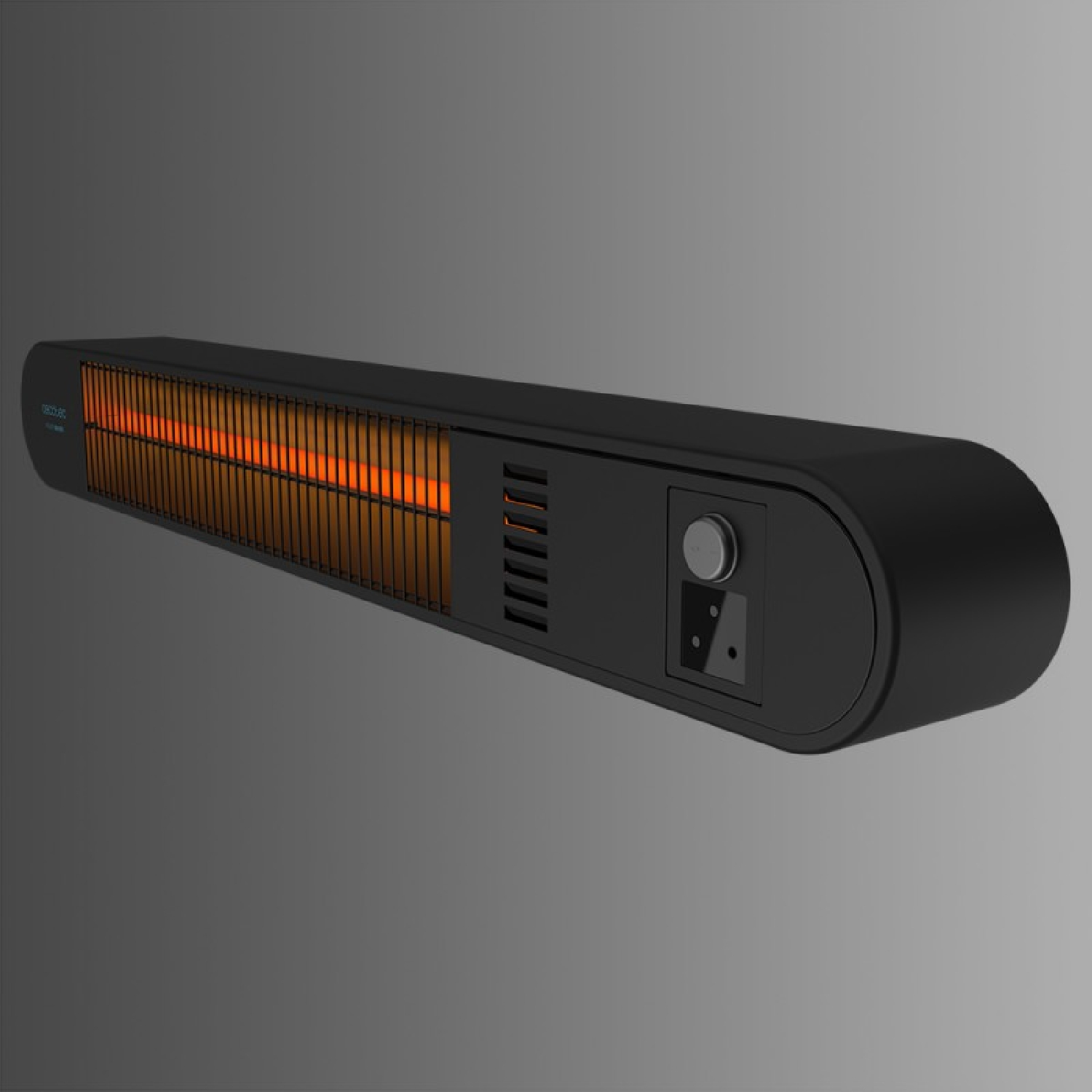 Un calentador eléctrico negro con un elemento calefactor naranja y un panel de control.