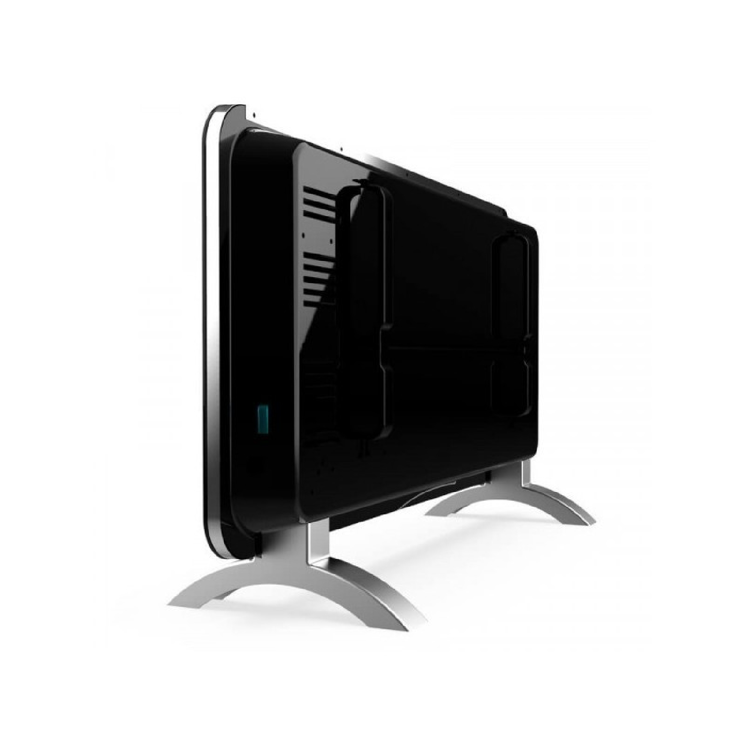 Czarny grzejnik elektryczny na srebrnych nóżkach, na białym tle. Widok z boku.