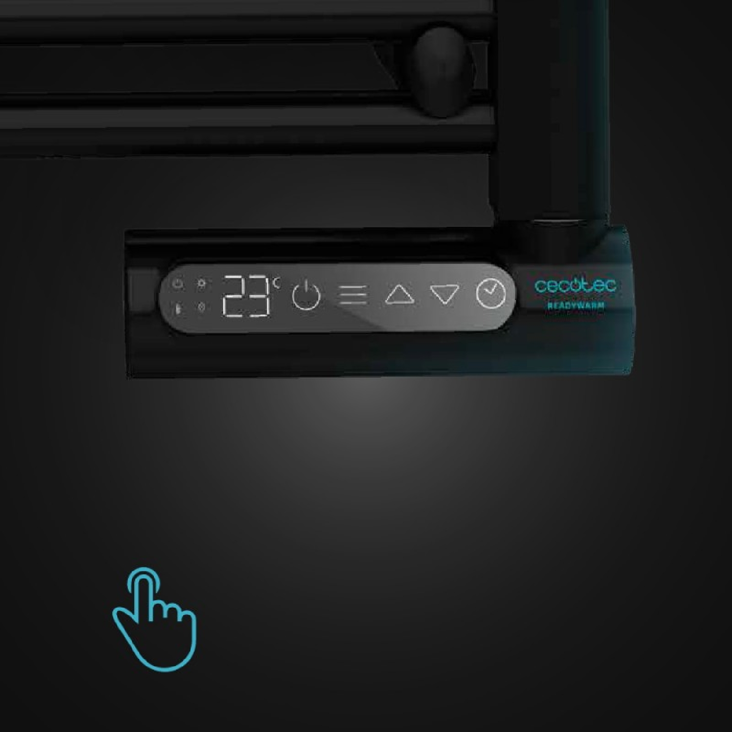 Czarny wyświetlacz cyfrowy z 23 stopniami. Niebieska ikona dłoni na dole. Czarne tło.