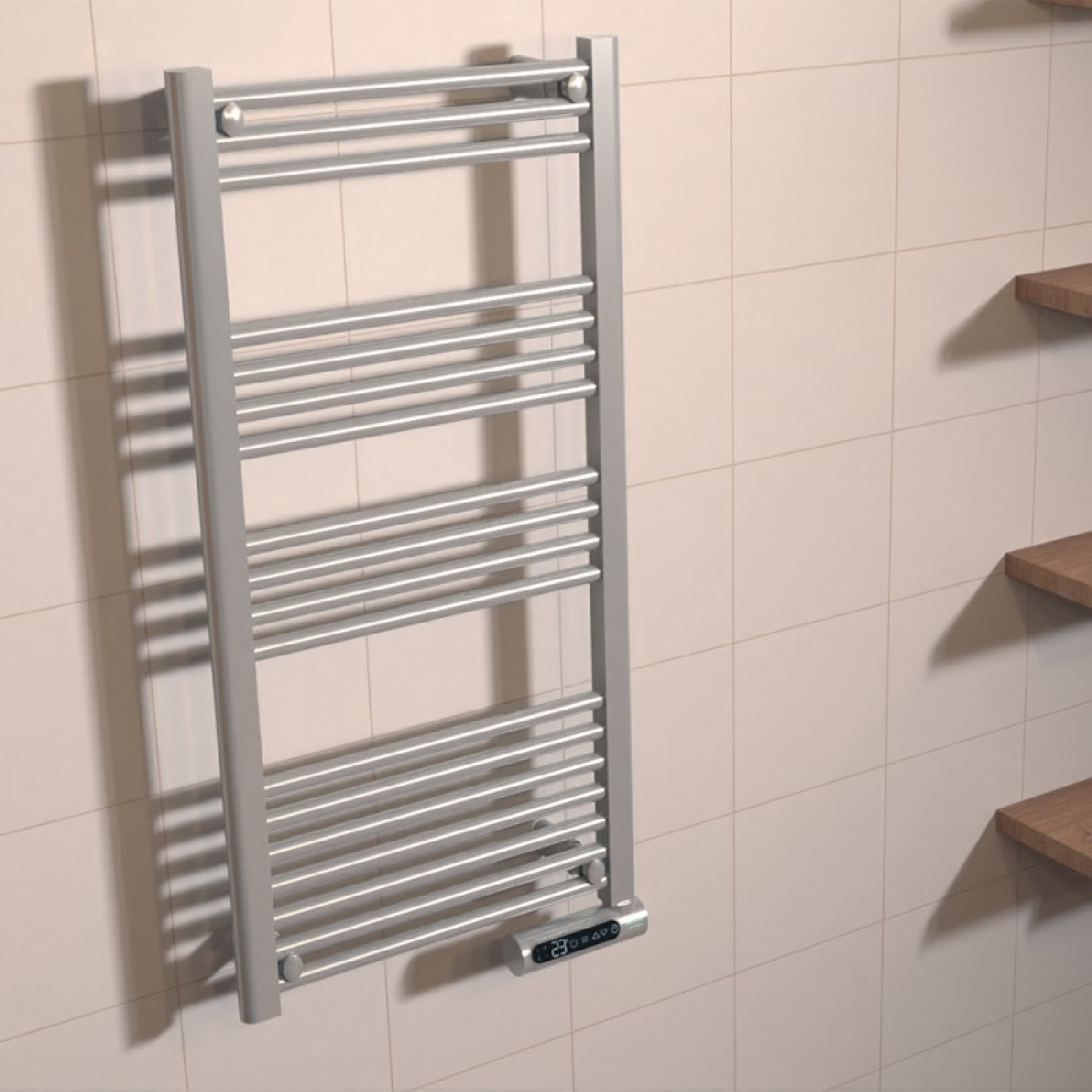 Srebrny grzejnik do ręczników na kafelkowej ścianie. Drewniane półki w tle.