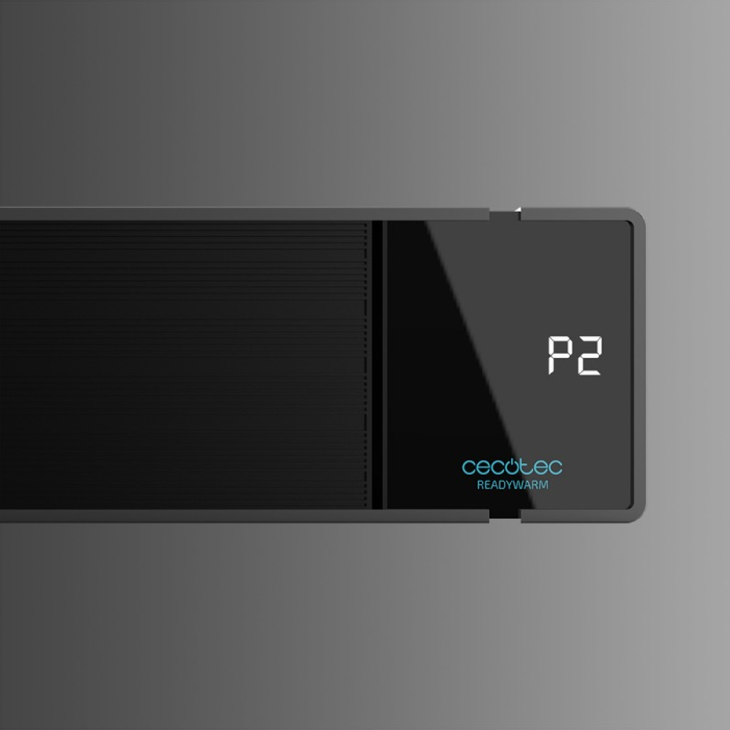 Czarny grzejnik elektryczny z cyfrowym wyświetlaczem 'P2' i marką 'CECOTEC READYWARM'.