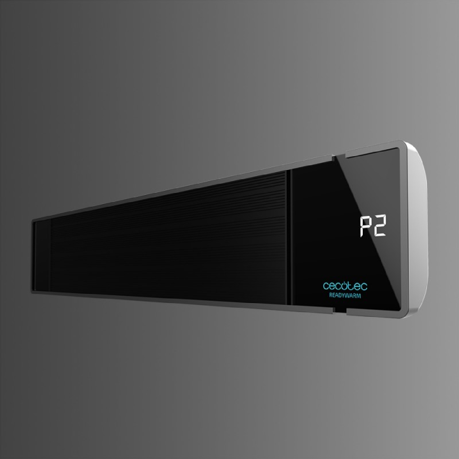 Czarny i srebrny grzejnik ścienny z cyfrowym wyświetlaczem "P2" na szarym tle.