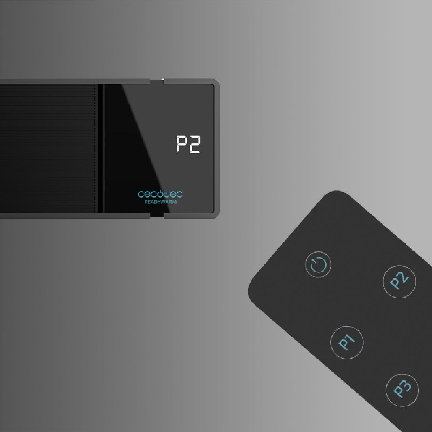 Czarny panel sterowania z wyświetlaczem 'P2' i pilotem z przyciskami funkcyjnymi.