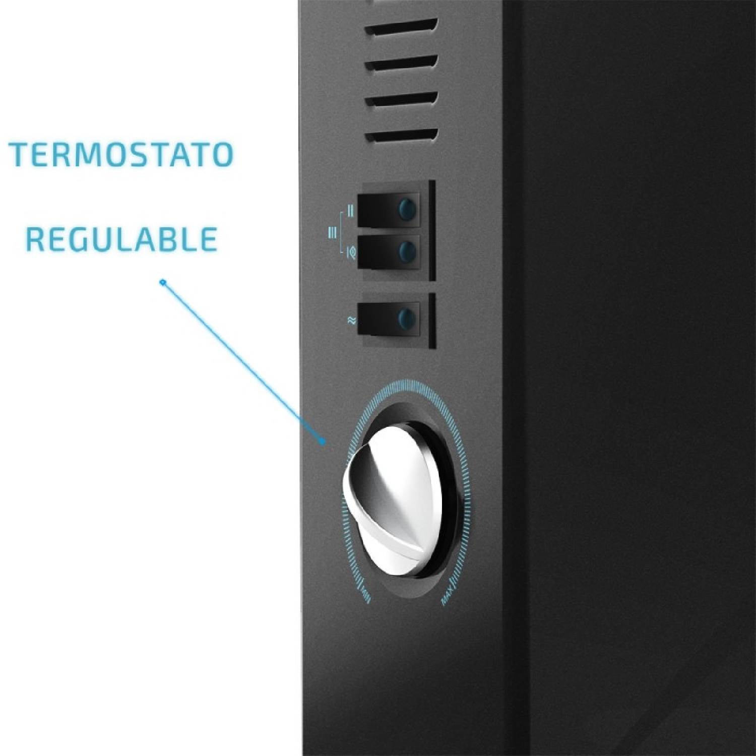 Primer plano de un aparato negro con botones y un dial, etiquetado como 'Termostato Regulable'.