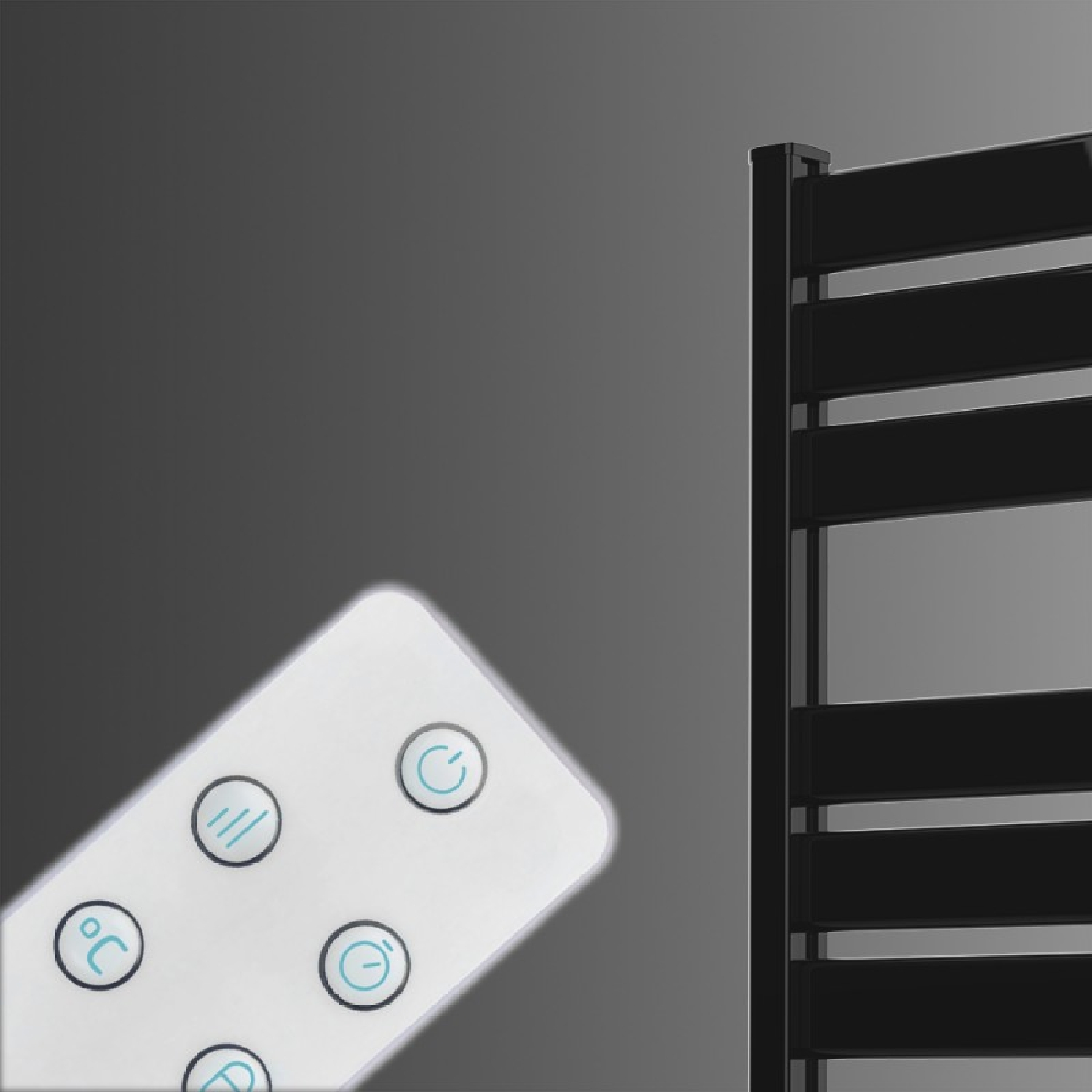 Biały pilot z przyciskami i czarny kaloryfer.