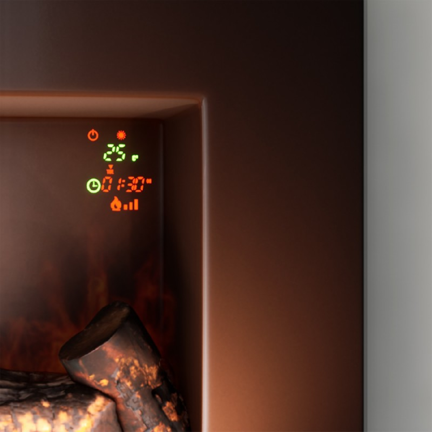Primer plano de una pantalla de chimenea electrónica con llamas naranjas y ajustes digitales sobre fondo marrón.