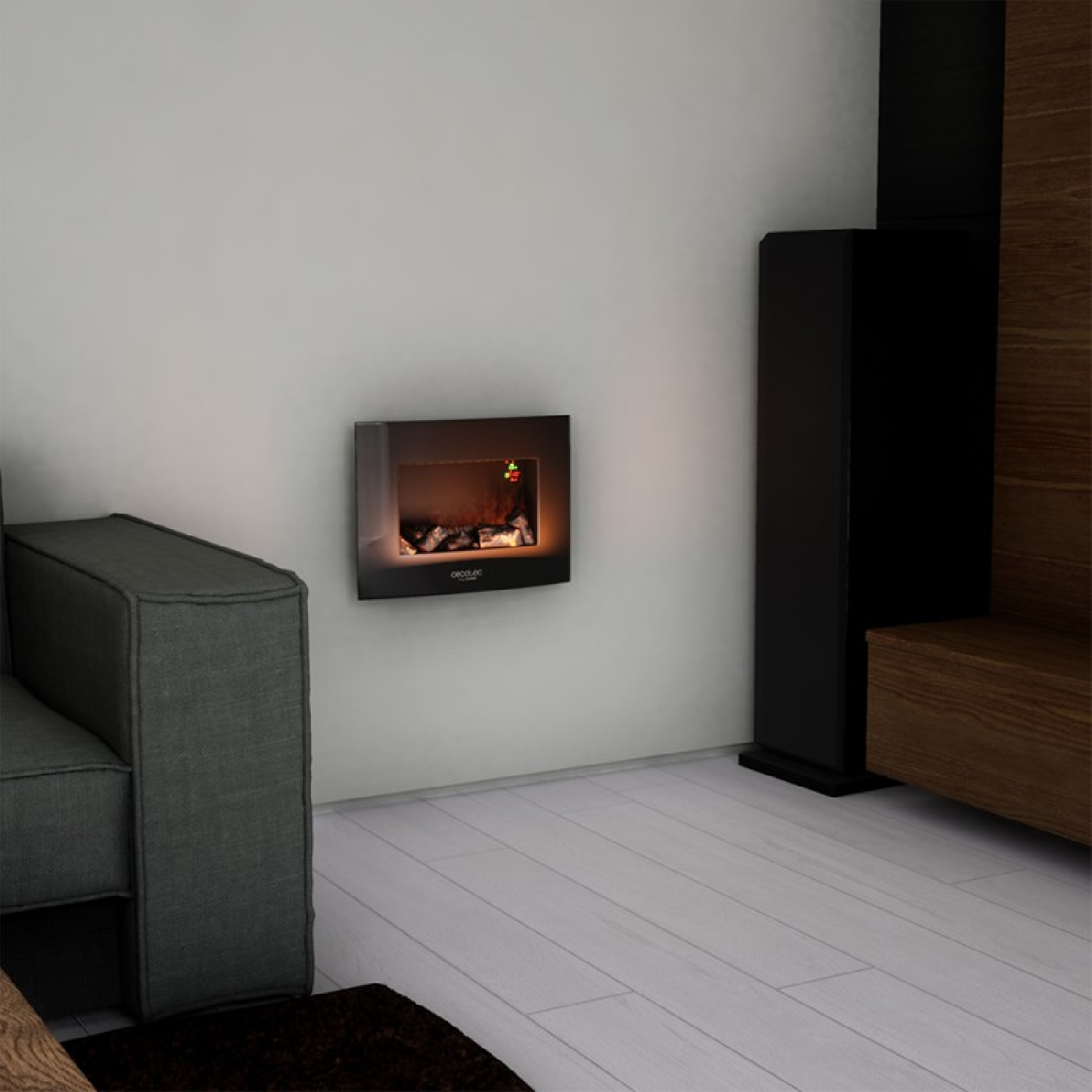 Una chimenea eléctrica negra montada en la pared con un interior brillante. Está en una habitación moderna.