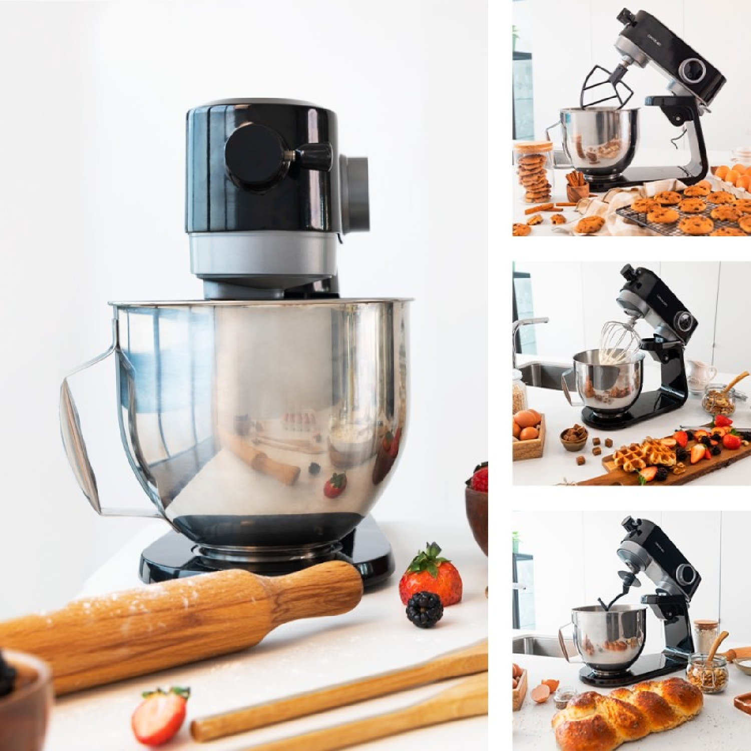 Un mixer nero e acciaio con ingredienti. Fragole, mattarello e ciotole davanti.