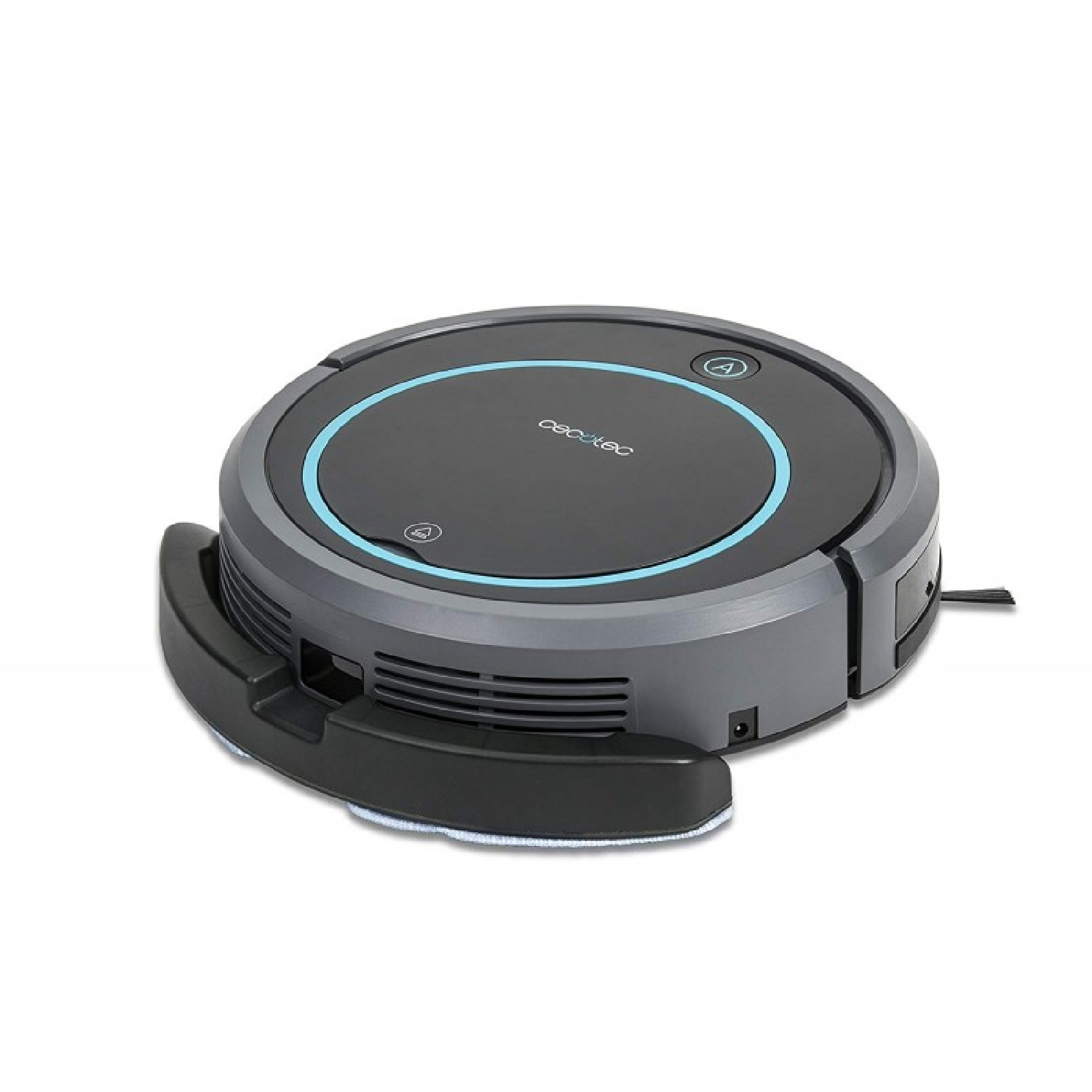 Aspirapolvere robot rotondo, grigio scuro con anello blu. Spazzola nera attaccata. Sfondo bianco.