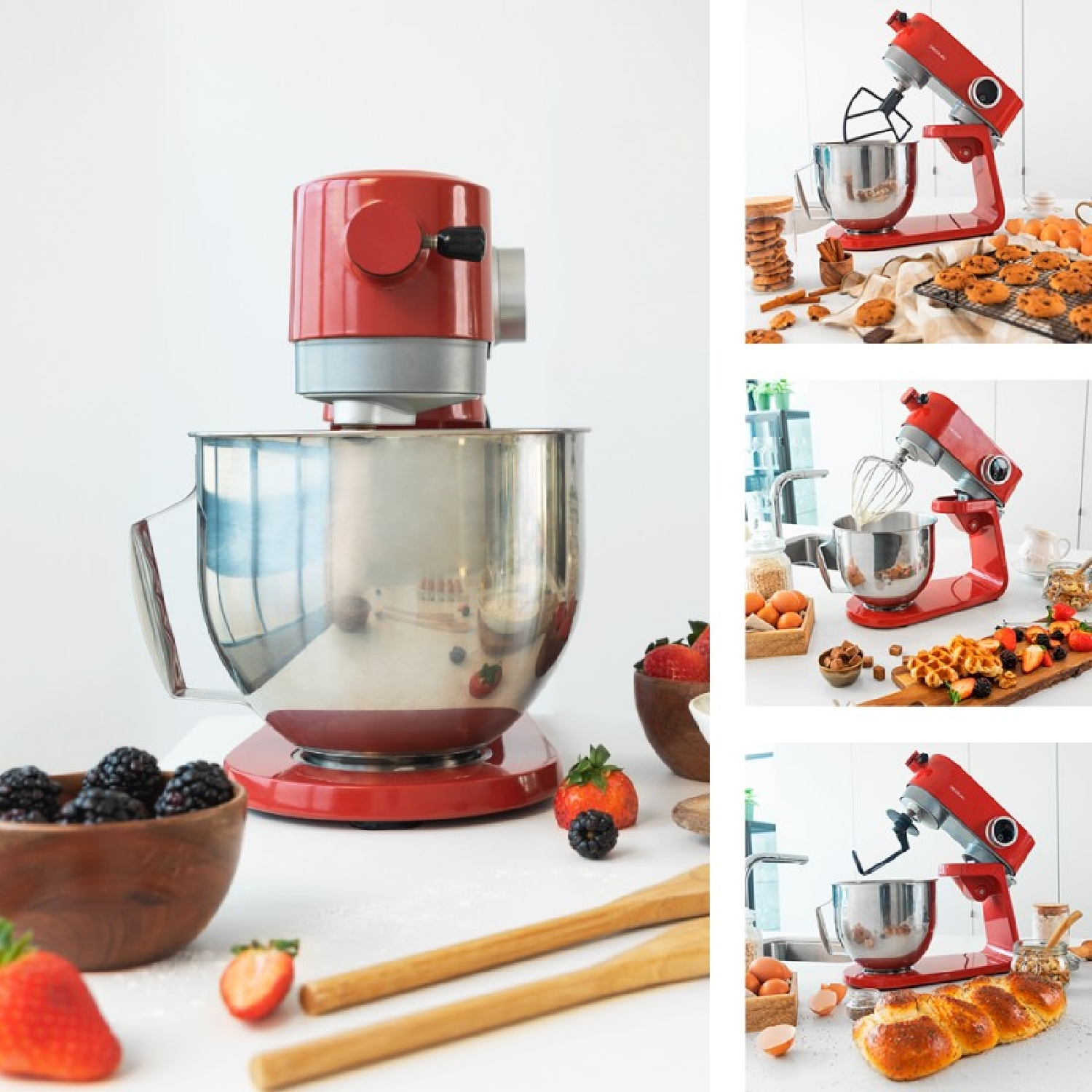 Un'impastatrice rossa con ciotole e ingredienti su una superficie bianca. Visualizzazioni multiple.