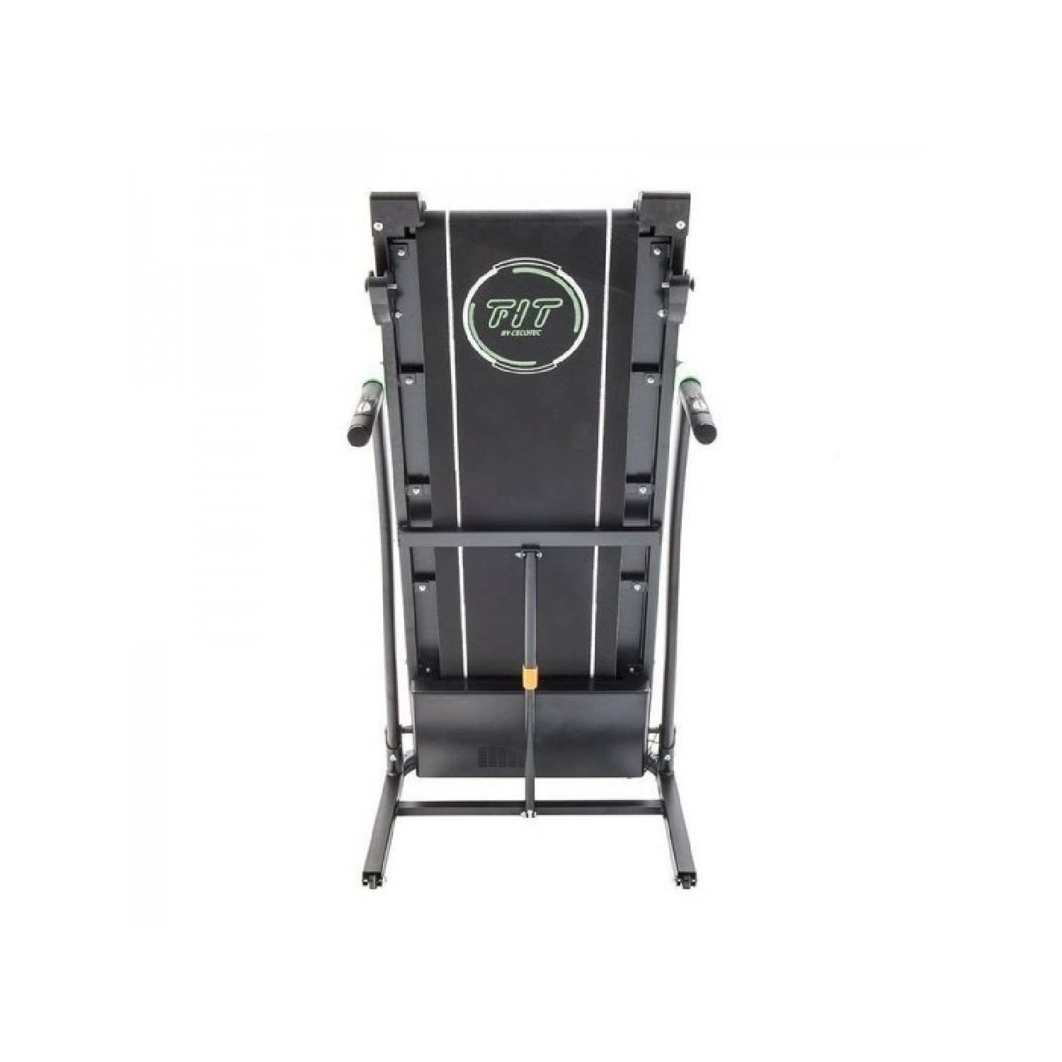 Czarna bieżnia, widok z tyłu, z logo marki i białym tłem.