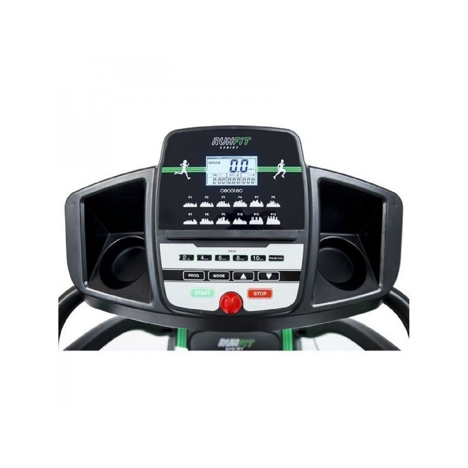Panel sterowania bieżni z cyfrowym wyświetlaczem. Czarny i zielony design. Widoczne przyciski start i stop.