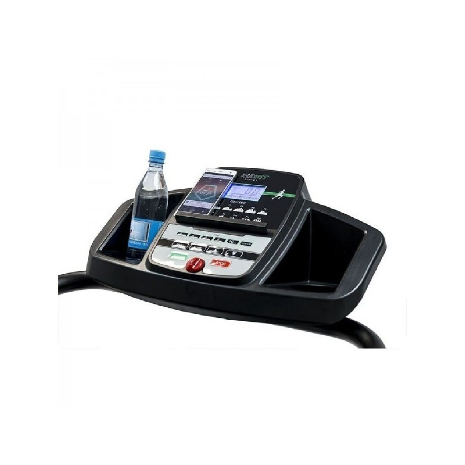 Konsola bieżni z telefonem i butelką wody, z przyciskami sterowania i przyciskiem stopu.