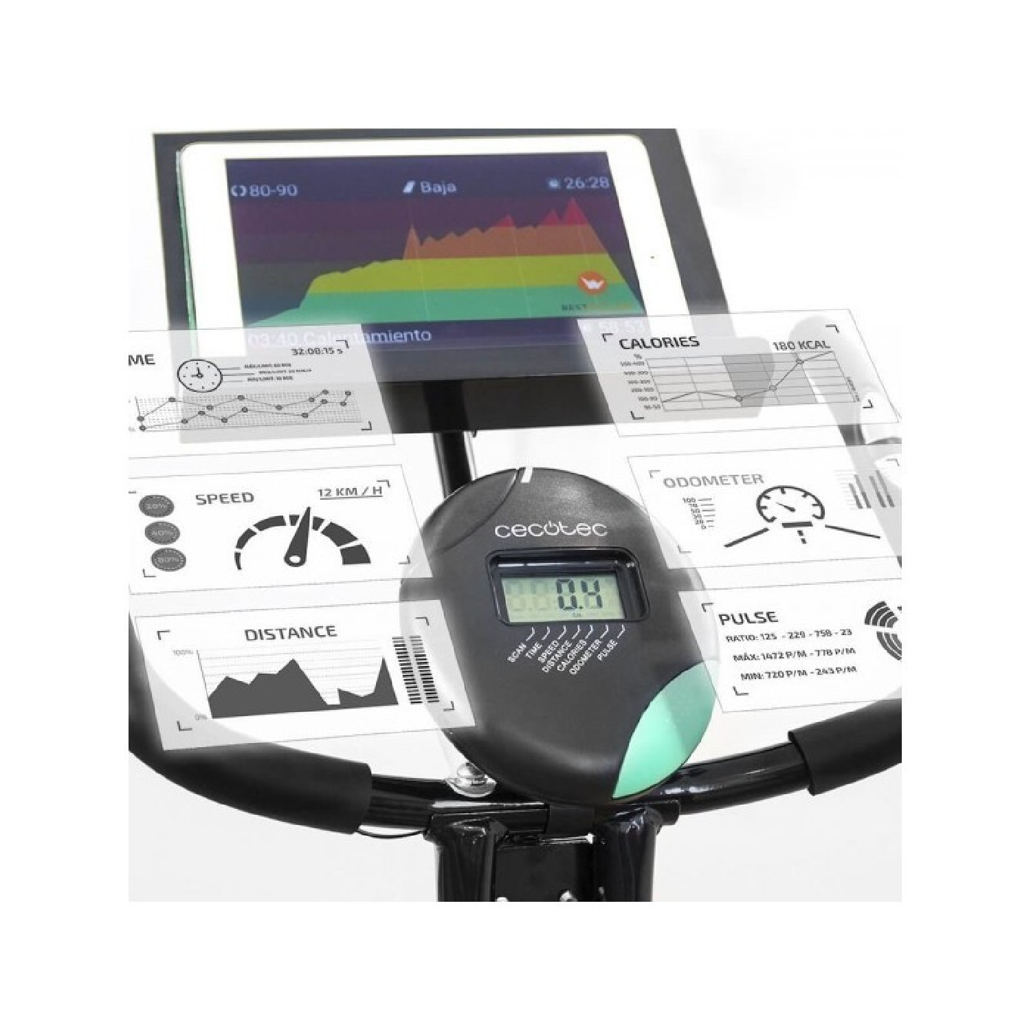 Console per cyclette con grafici e dati. Bianco e nero con accenti verdi.