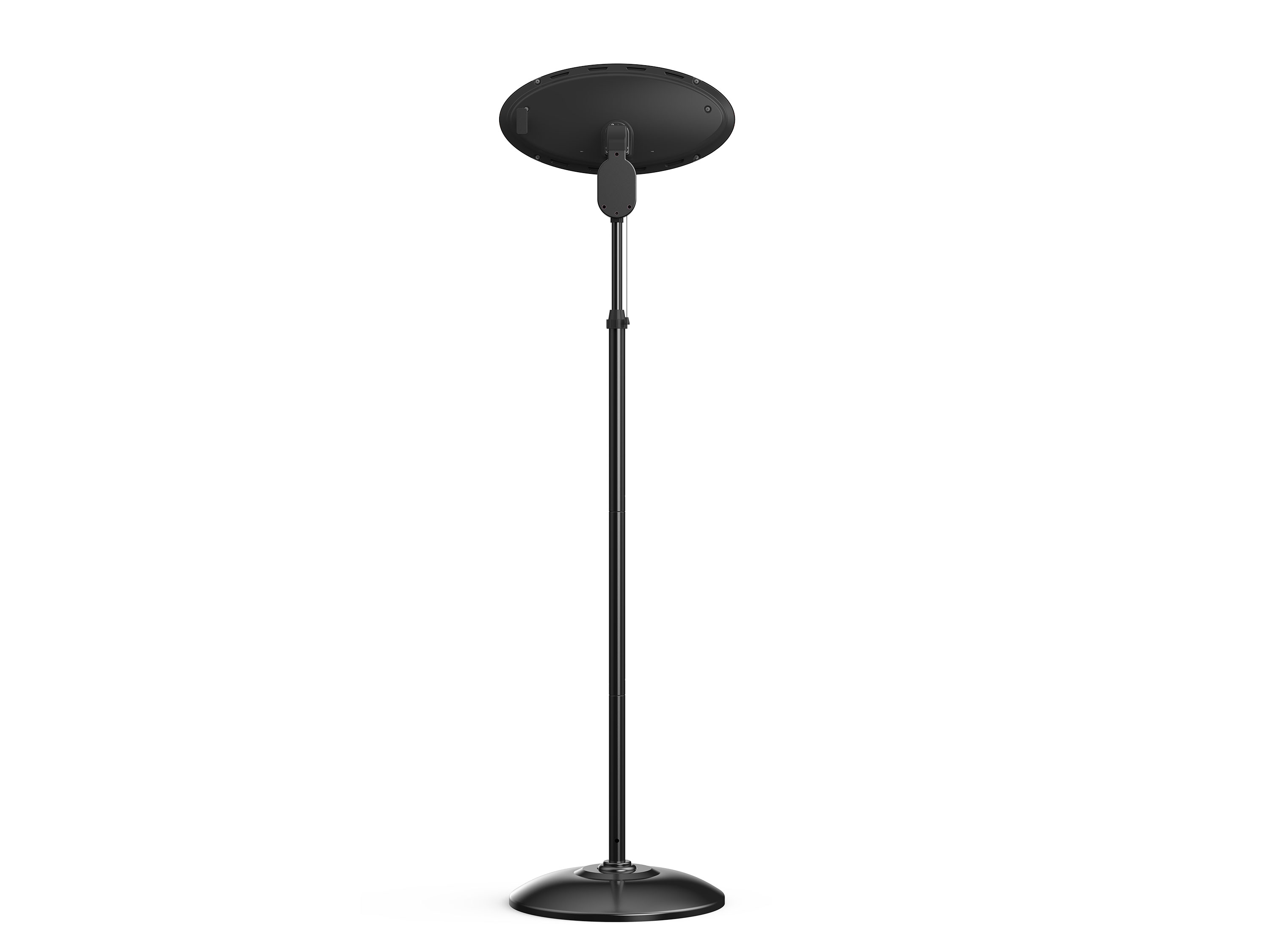 Soporte de suelo negro. Tiene base redonda, poste alto y parte superior redonda.