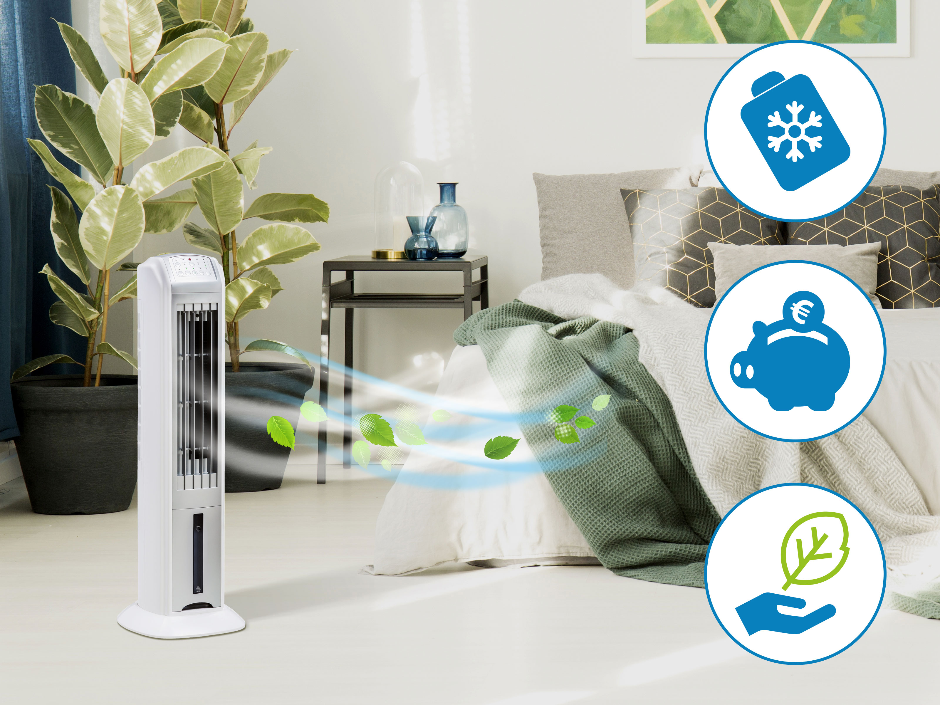 Ein weißer Ventilator, der Luft in einem Schlafzimmer bläst. Symbole von Schneeflocke, Geld und Blatt.