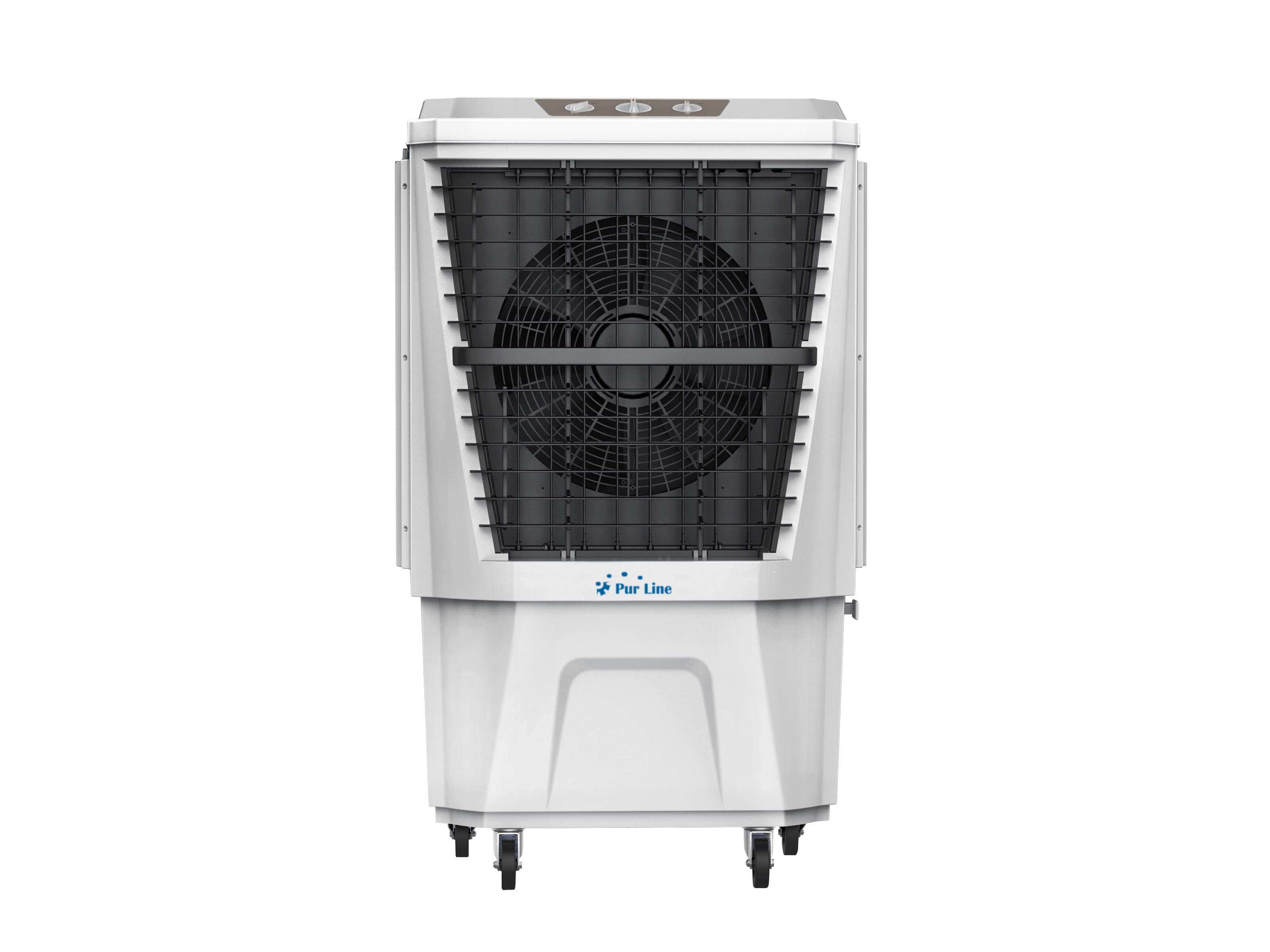 Ein weißer Luftkühler mit einem schwarzen Ventilator, der hinter einem Metallgitter sichtbar ist. Er hat Räder und die Marke ist sichtbar.