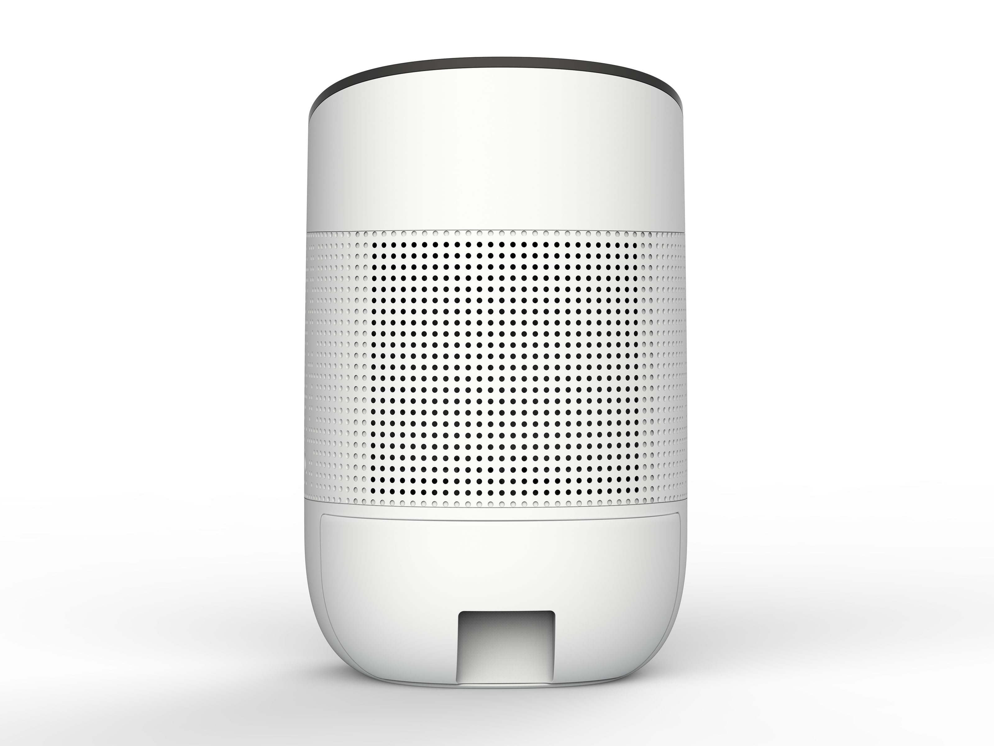 Altavoz blanco con laterales perforados y parte superior negra.