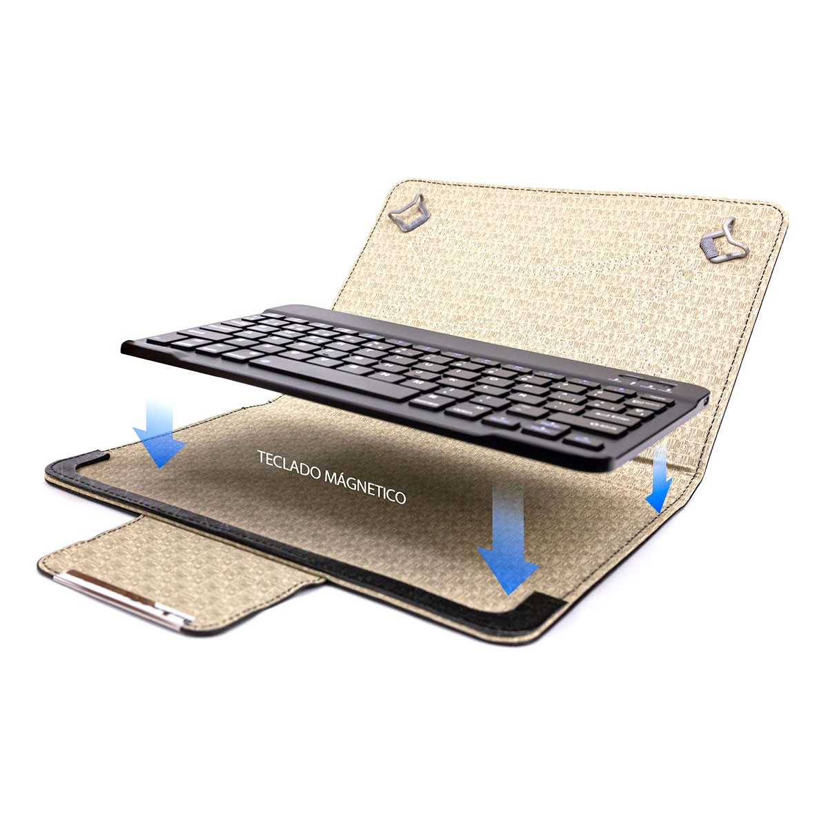 Teclado separado de una funda con flechas azules que apuntan a una superficie magnética.