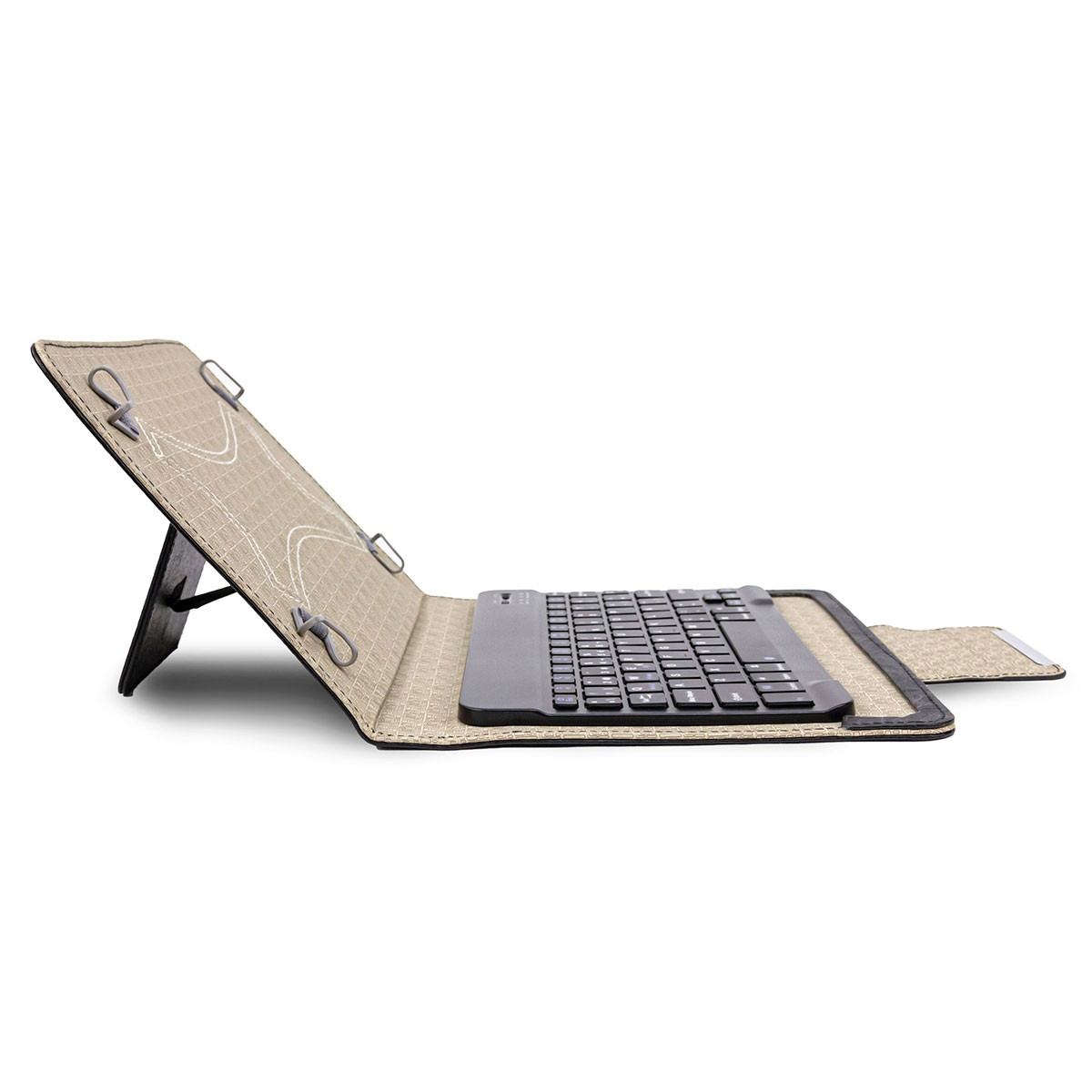 Tableta con funda teclado abierta, interior beige, teclado visible.