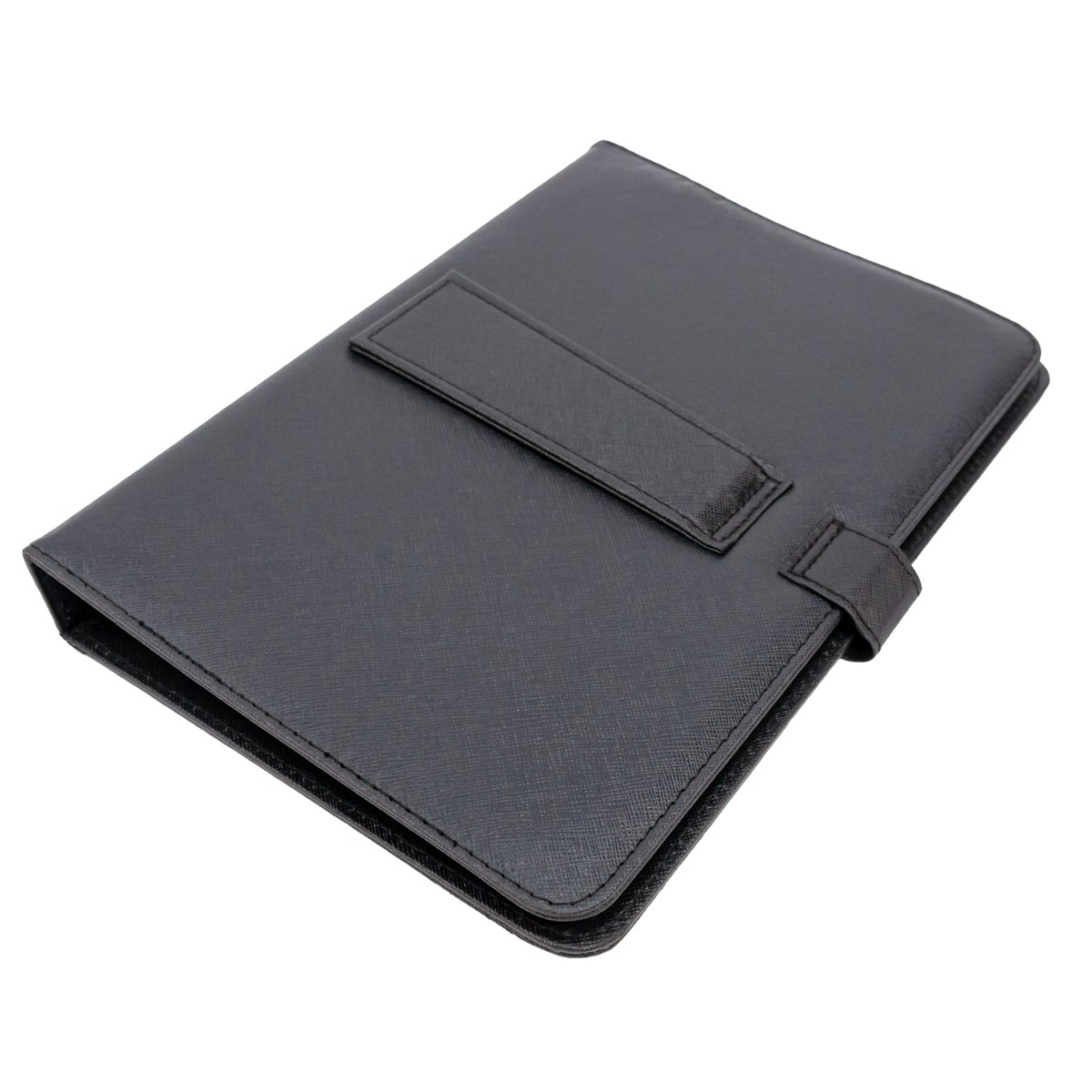 Funda tipo folio negra, similar al cuero, con cierre. El fondo es blanco.