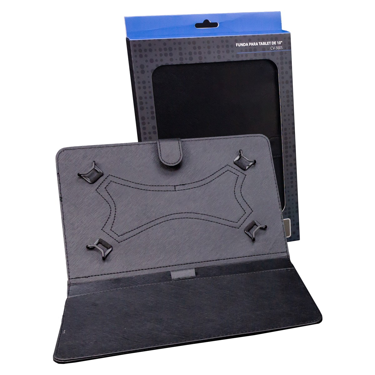 Funda negra para tableta con caja negra, abierta para revelar el soporte y los cierres de la tableta.