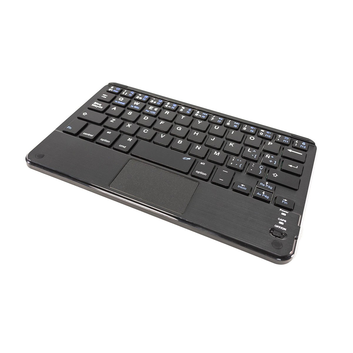 Teclado negro con panel táctil. Teclas y letras blancas. Marco negro.