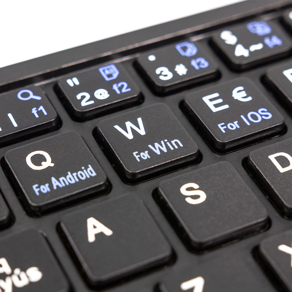 Primer plano de un teclado negro con letras blancas. La tecla W está etiquetada como 'For Win'.