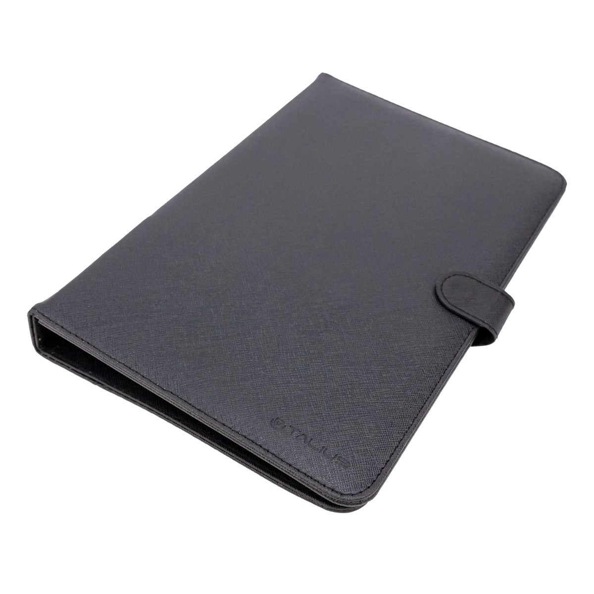 Funda negra para tablet con cierre de botón, visible sobre fondo blanco.