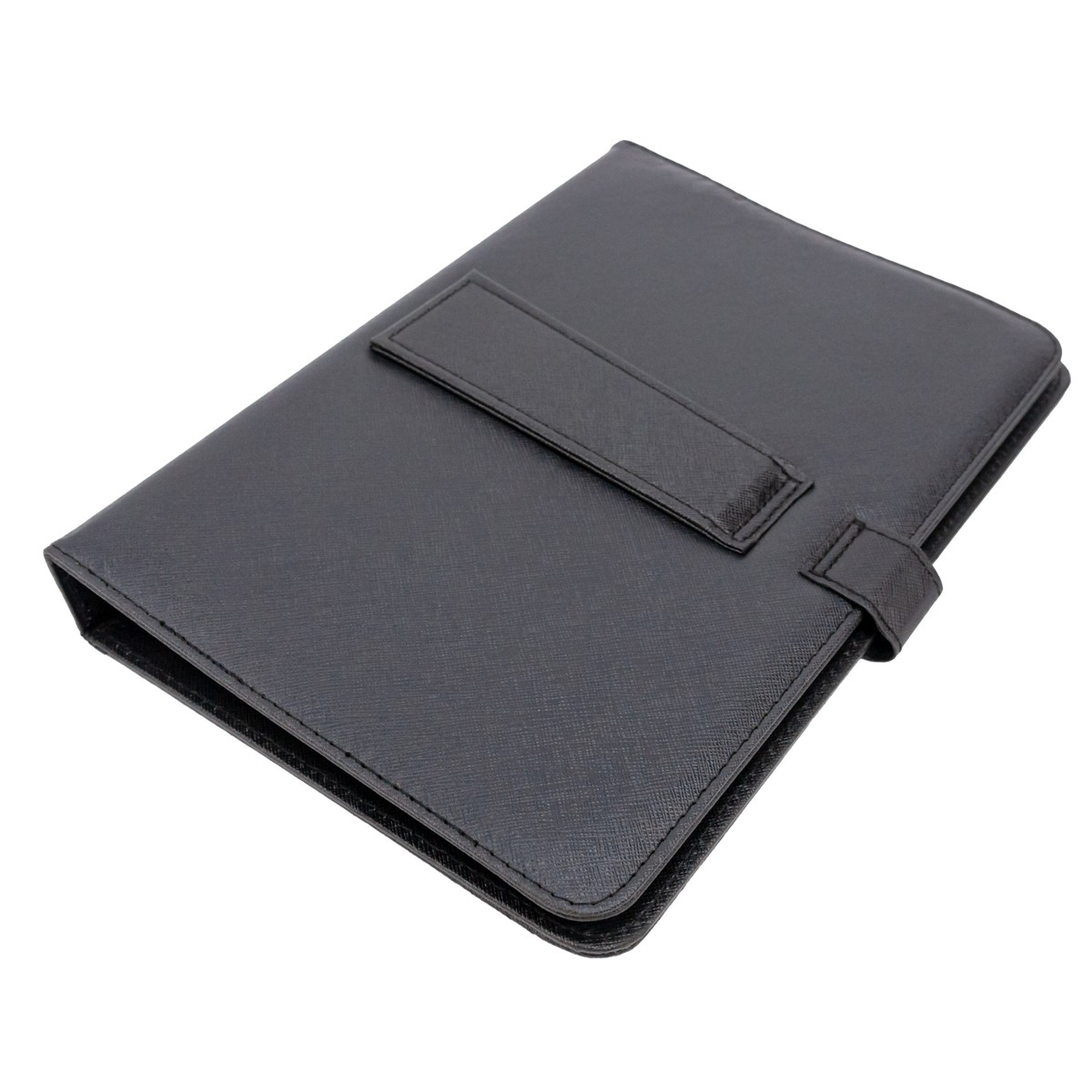 Una funda tipo folio negra con pestaña de cierre.