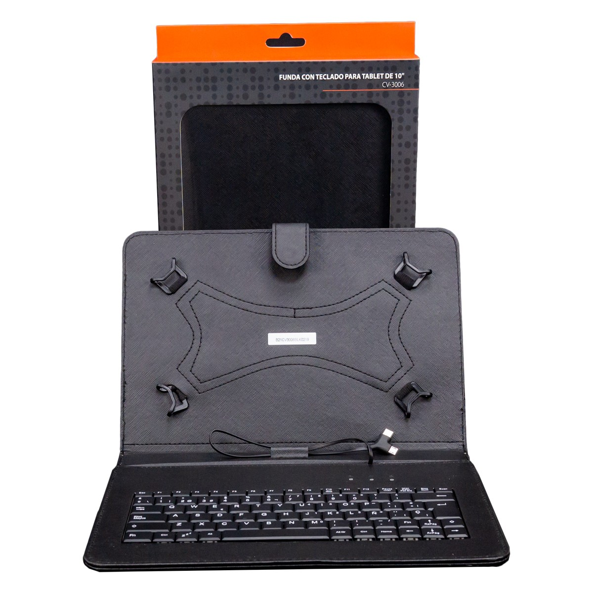 Funda de teclado para tableta negra, abierta, con tableta. Funda negra arriba, embalaje naranja.