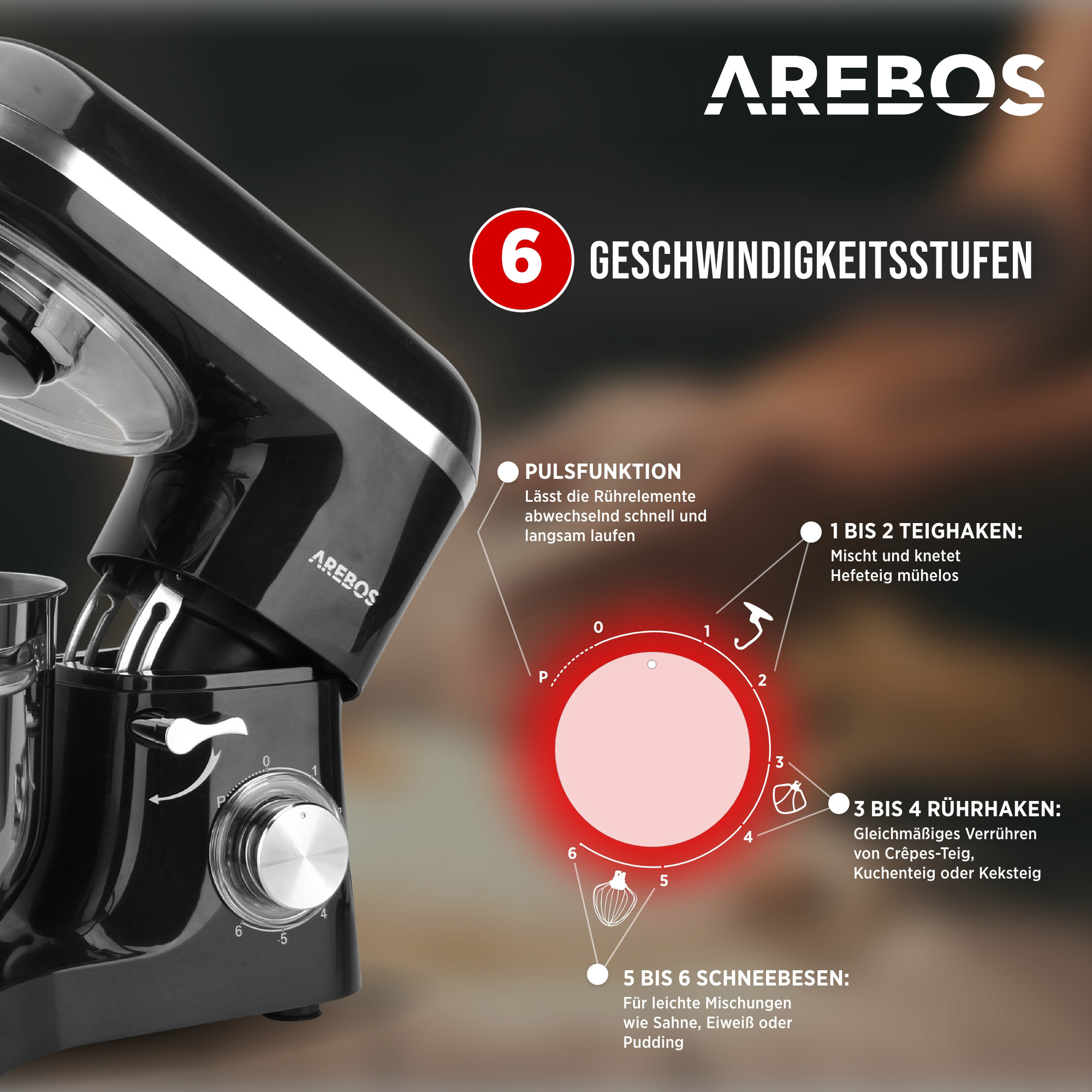 6 Schwarz 1500 6 Küchenmaschine Watt) AREBOS (Rührschüsselkapazität: Liter, Speedlevels