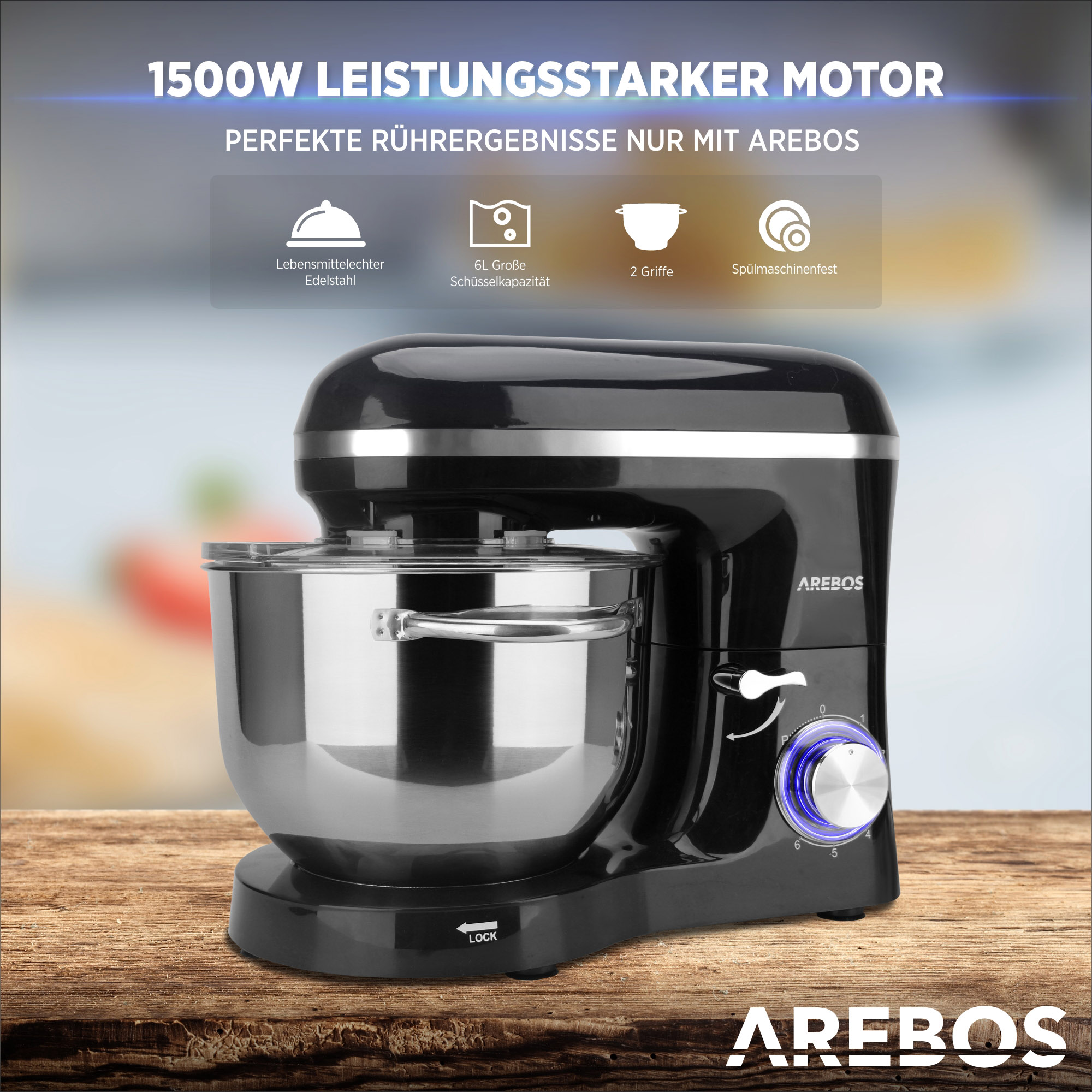 Ein schwarzer Küchenmixer mit einer Edelstahlschüssel und einem Holzuntergrund.