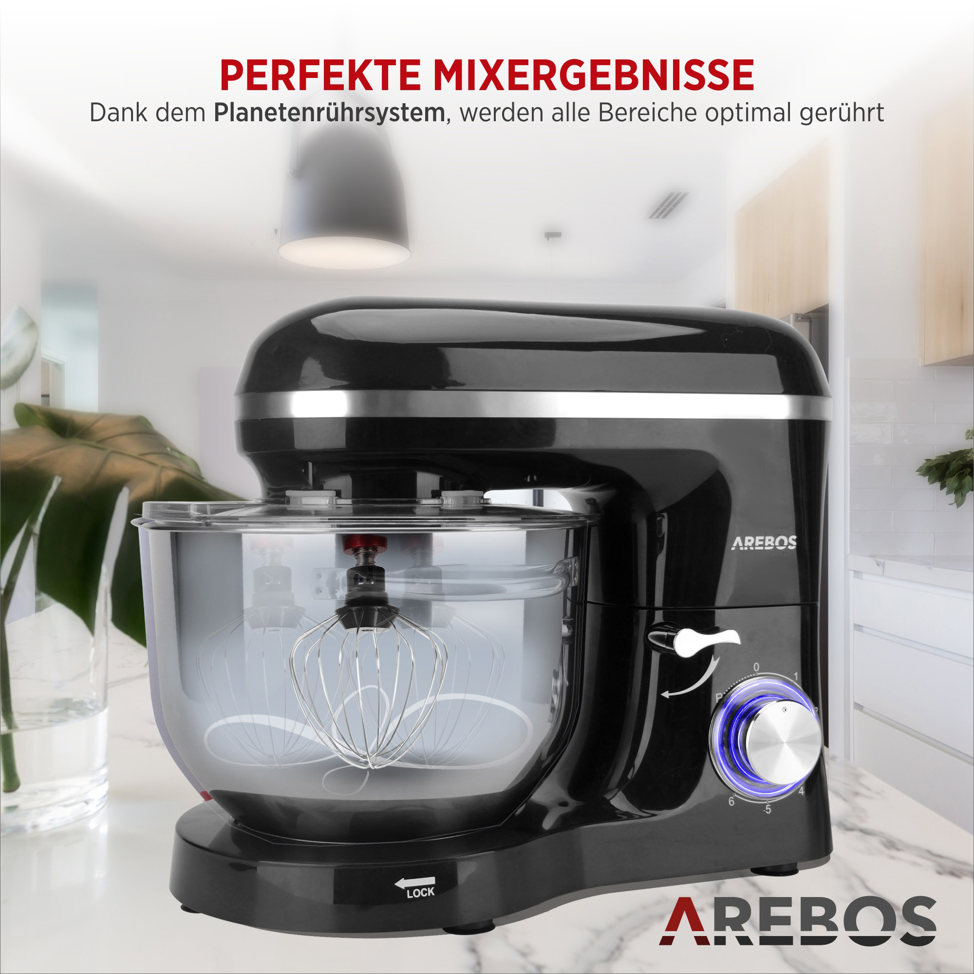 AREBOS 6 Speedlevels 6 Schwarz Küchenmaschine 1500 Watt) (Rührschüsselkapazität: Liter