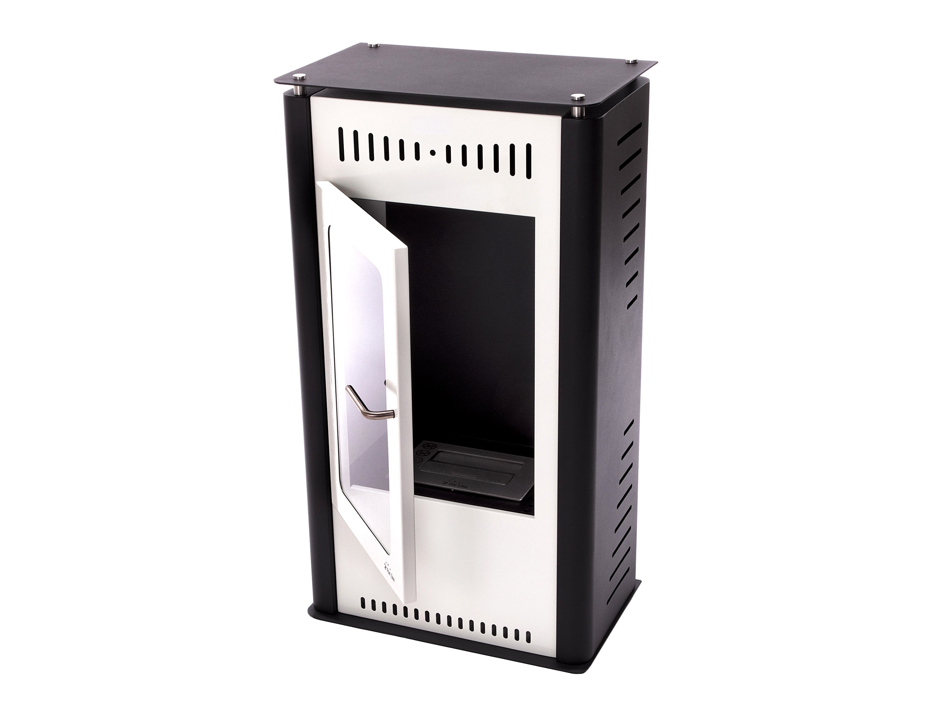 Estufa moderna en blanco y negro con puerta abierta, aislada sobre fondo blanco.