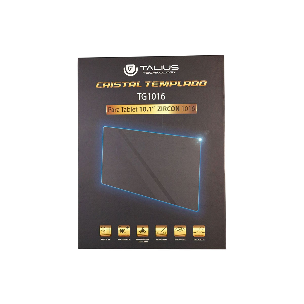 Scatola nera con protezione schermo. Testo: "Cristal Templado TG1016". Sfondo bianco.