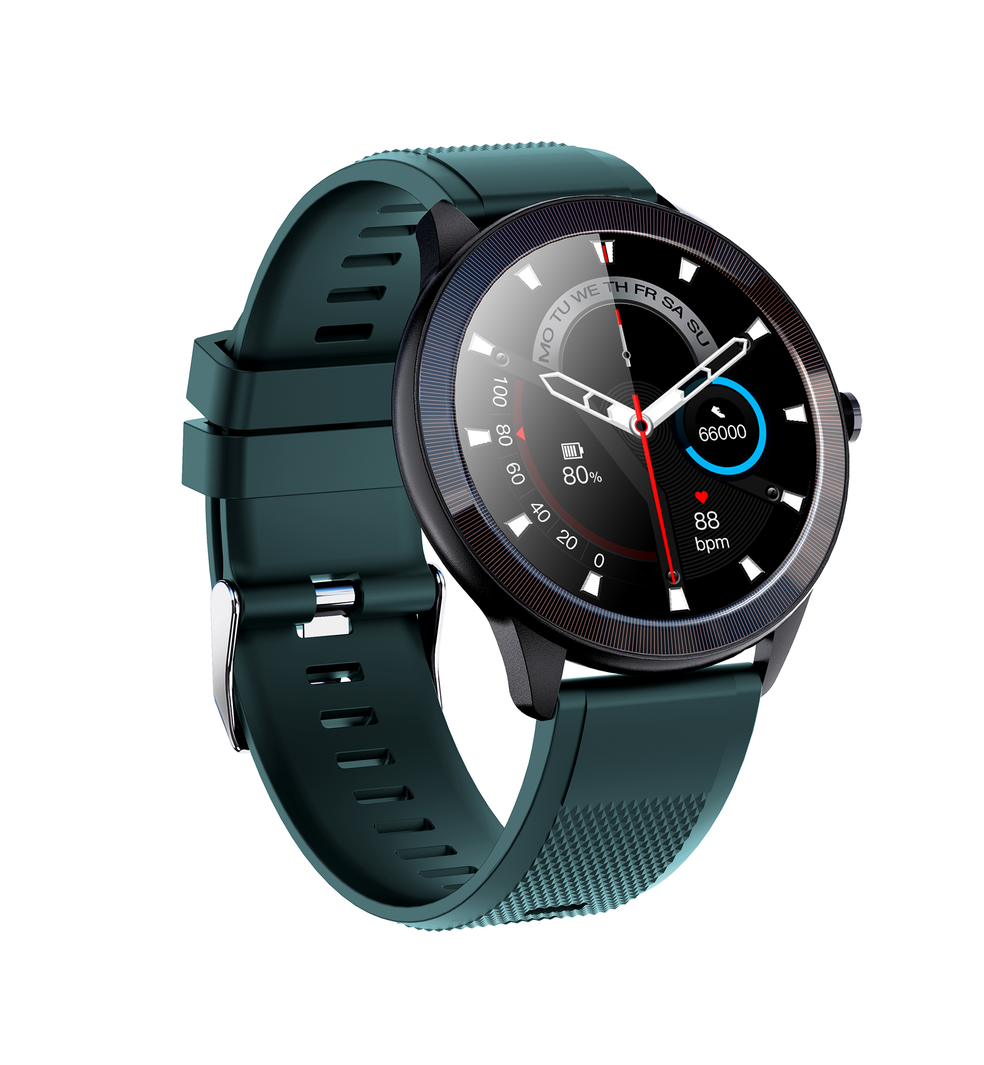 Uno smartwatch verde scuro con schermo nero. L'orologio mostra l'ora e le metriche di salute. Sfondo bianco.