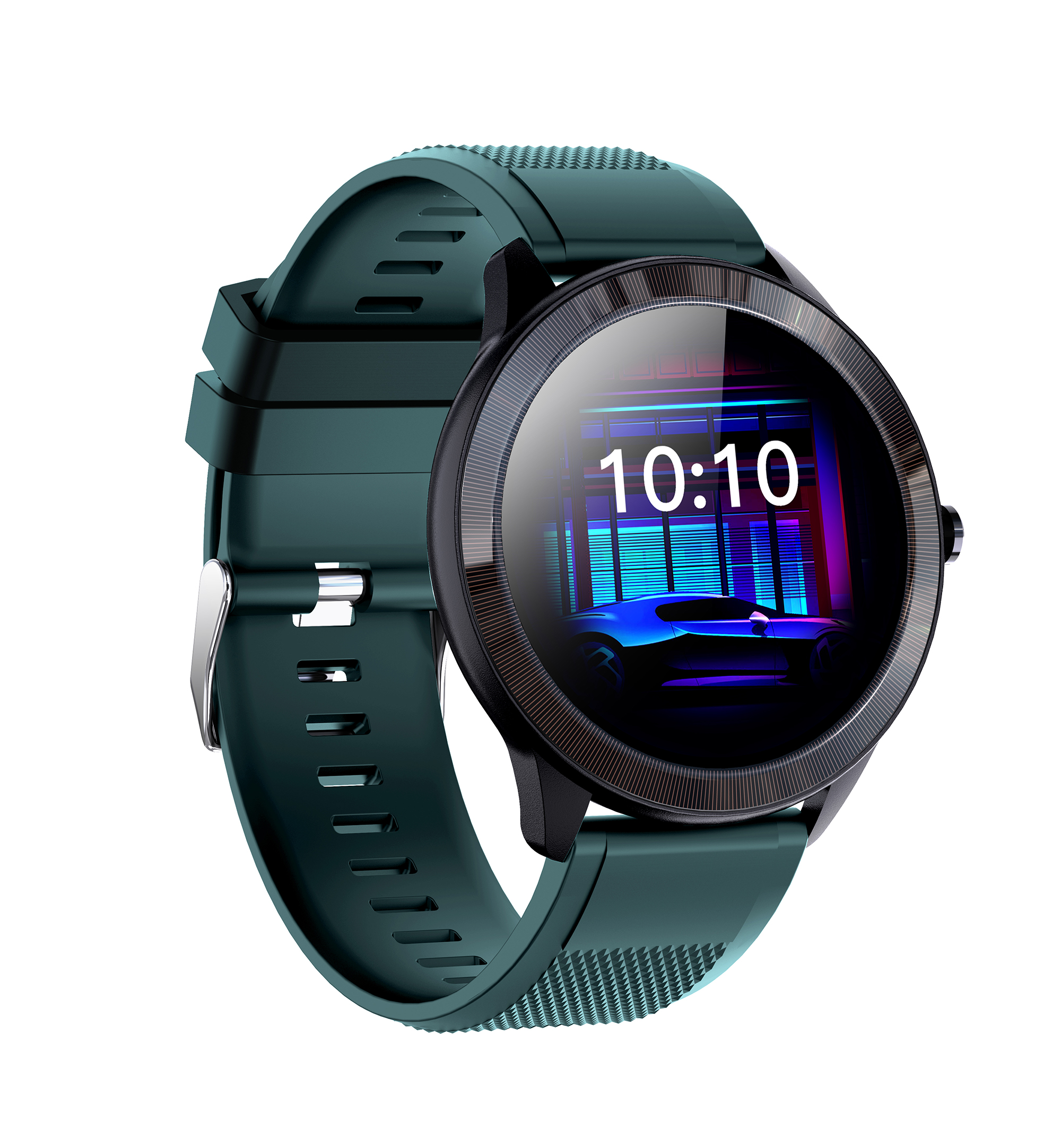 Uno smartwatch verde acqua mostra le 10:10. L'orologio ha una lunetta nera e un cinturino verde.