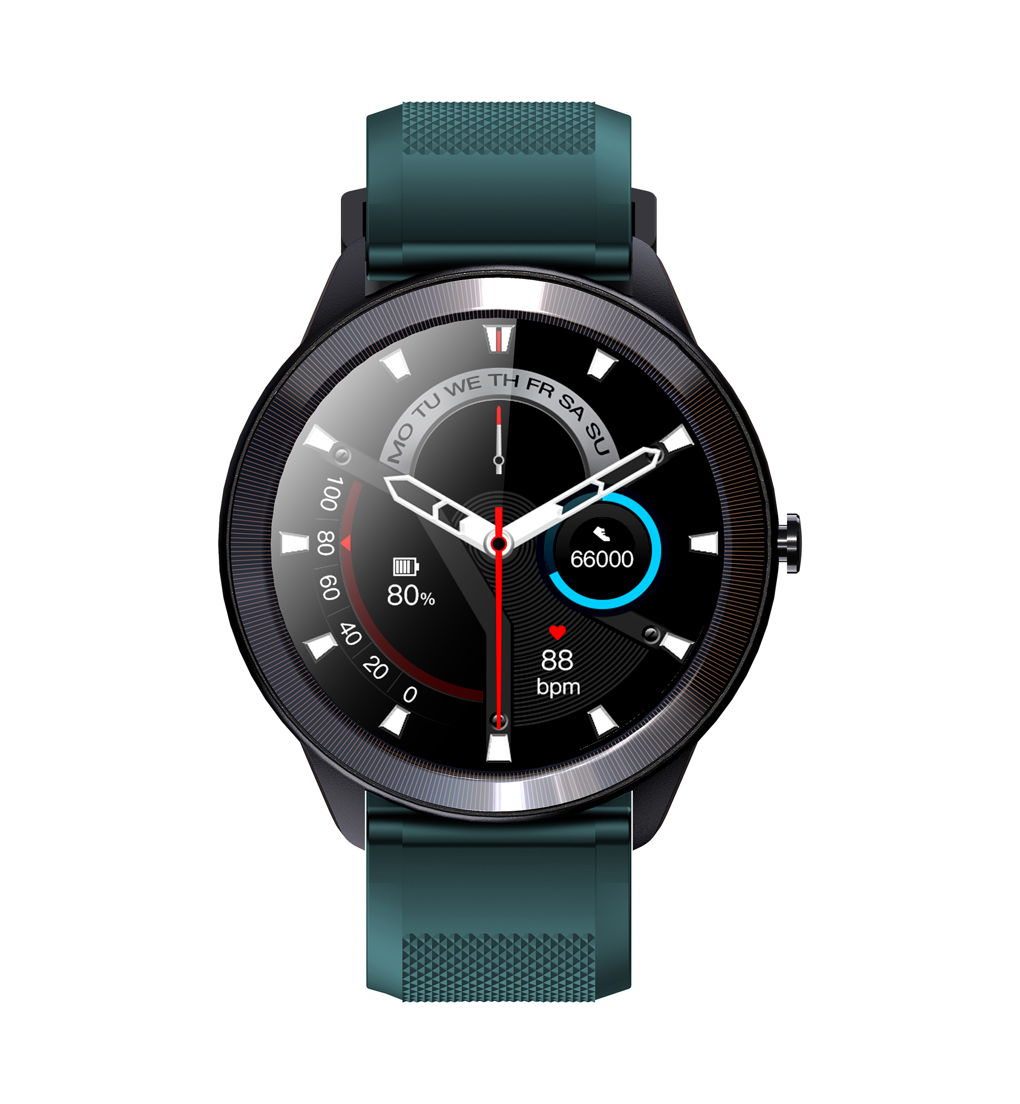 Smartwatch con cinturino verde. Lo schermo mostra l'ora, il livello della batteria e la frequenza cardiaca.