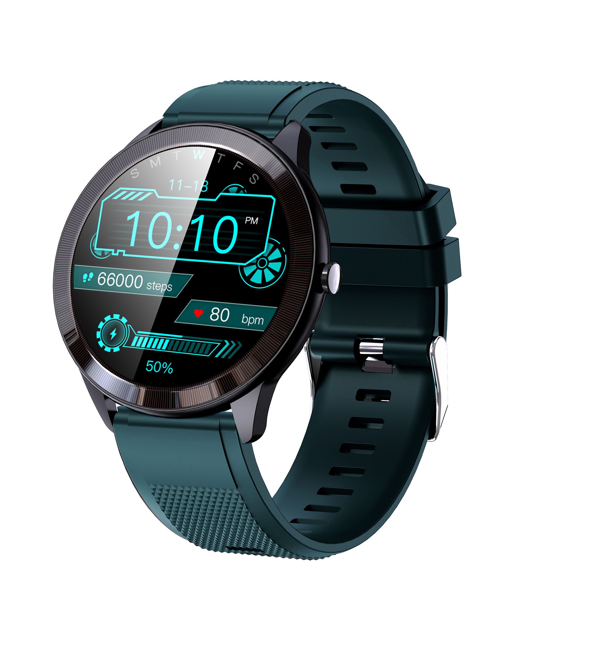 Smartwatch verde su bianco. Il quadrante mostra ora, passi e dati bpm.