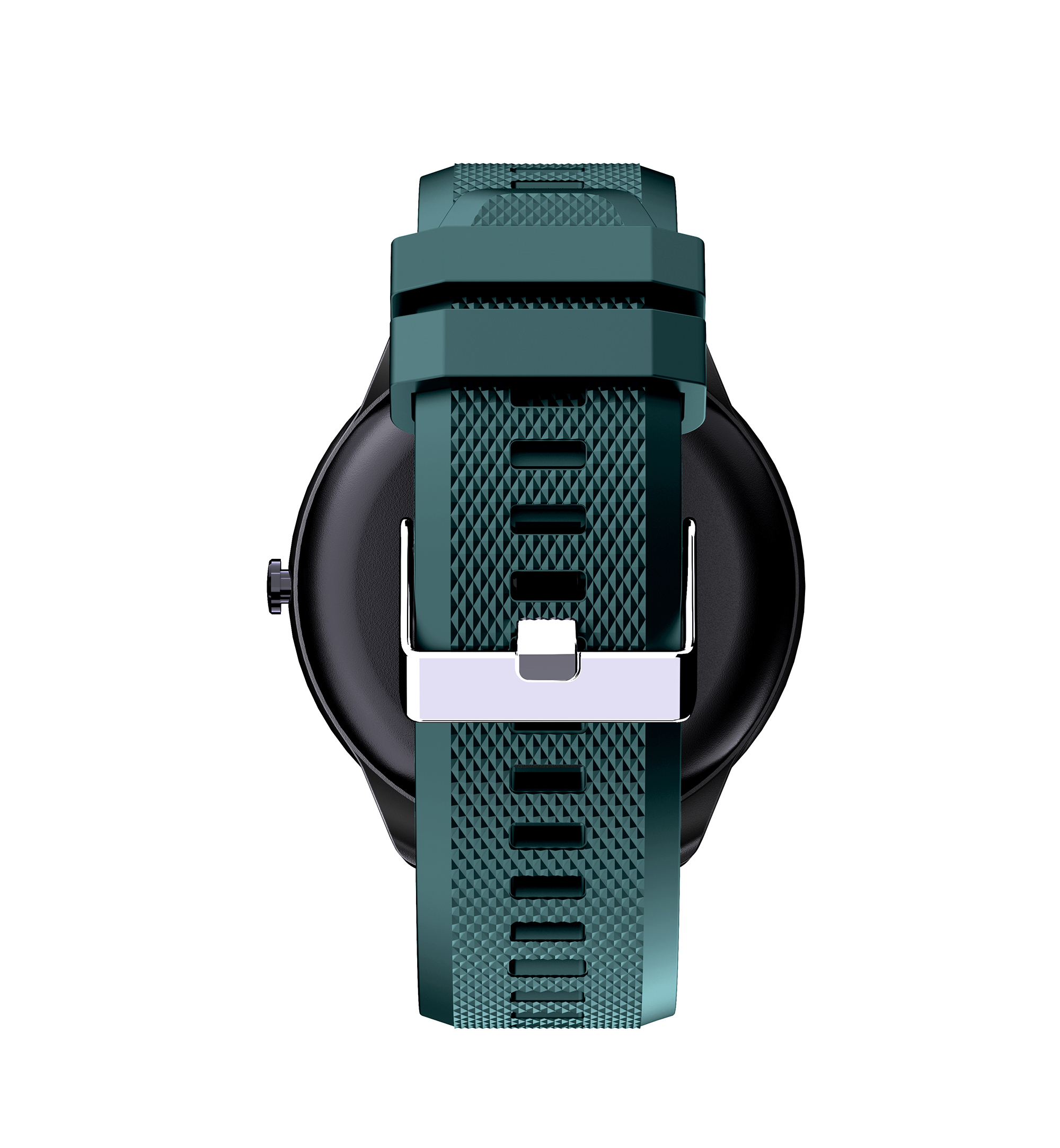 Uno smartwatch con cinturino verde acqua e fibbia argentata. L'orologio è nero.