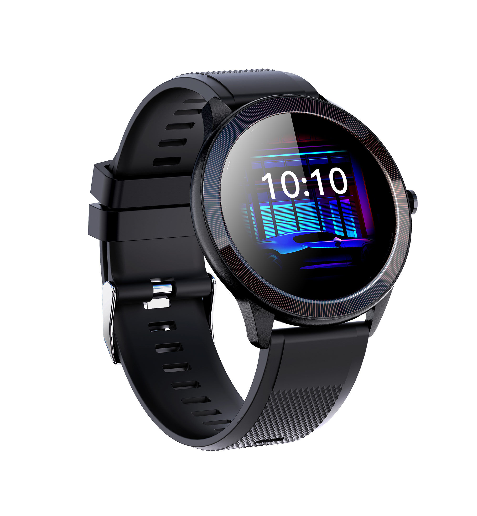 Uno smartwatch nero con schermo rotondo che mostra l'ora.