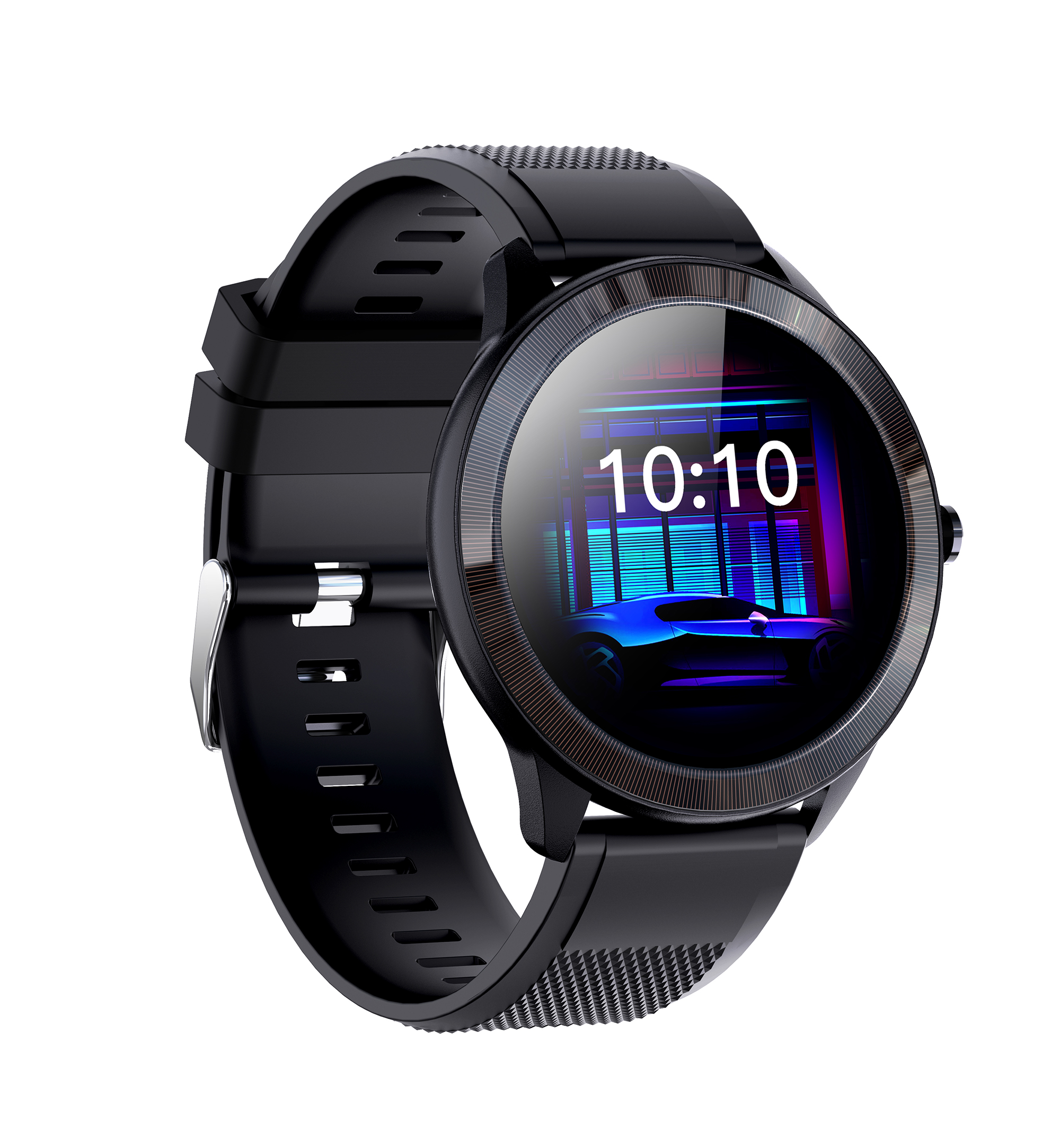 Smartwatch nero con display rotondo che mostra l'ora e un grafico. Ha un cinturino nero. Isolato su bianco.