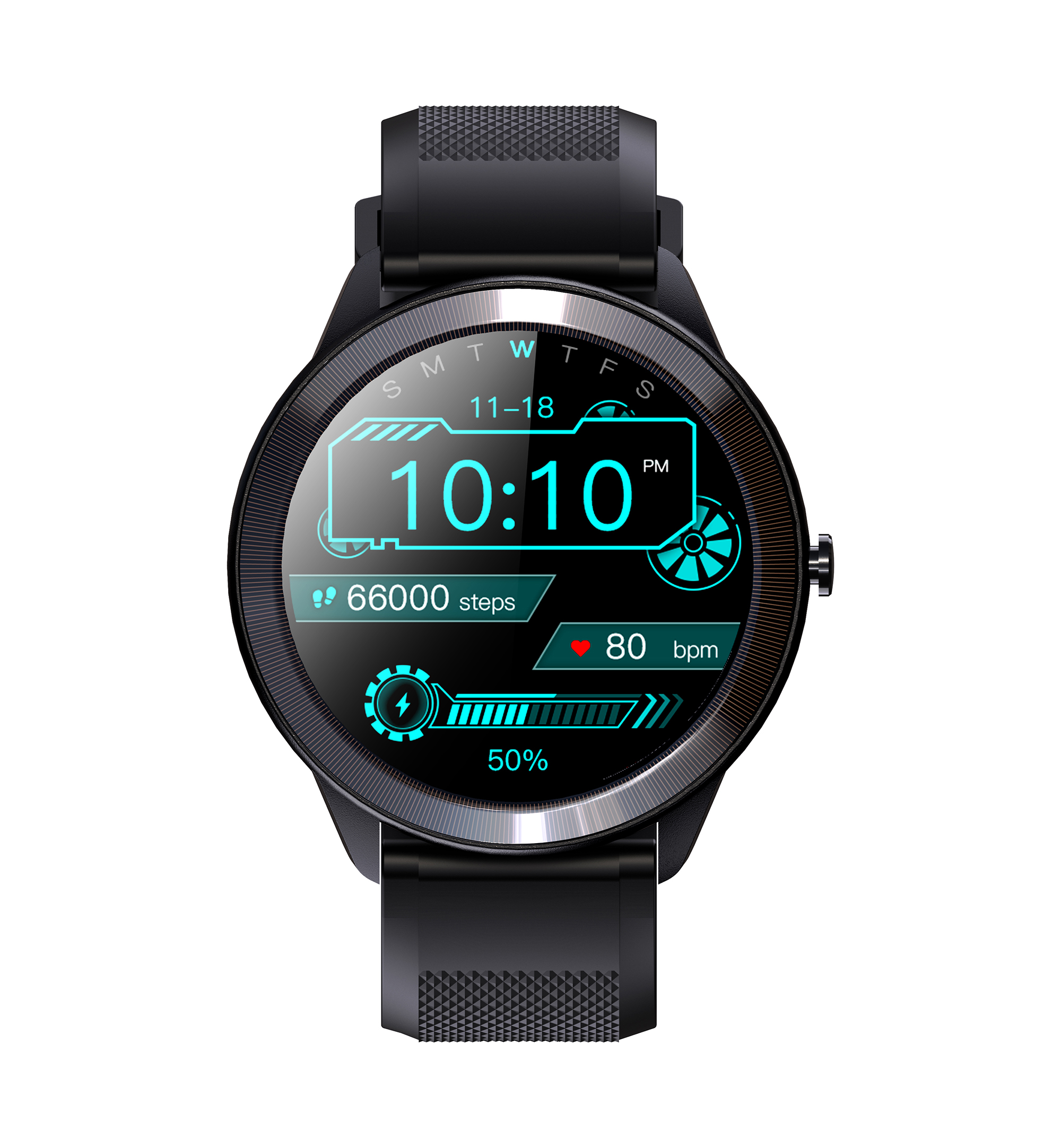Smartwatch nero con display digitale che mostra ora, passi e frequenza cardiaca.