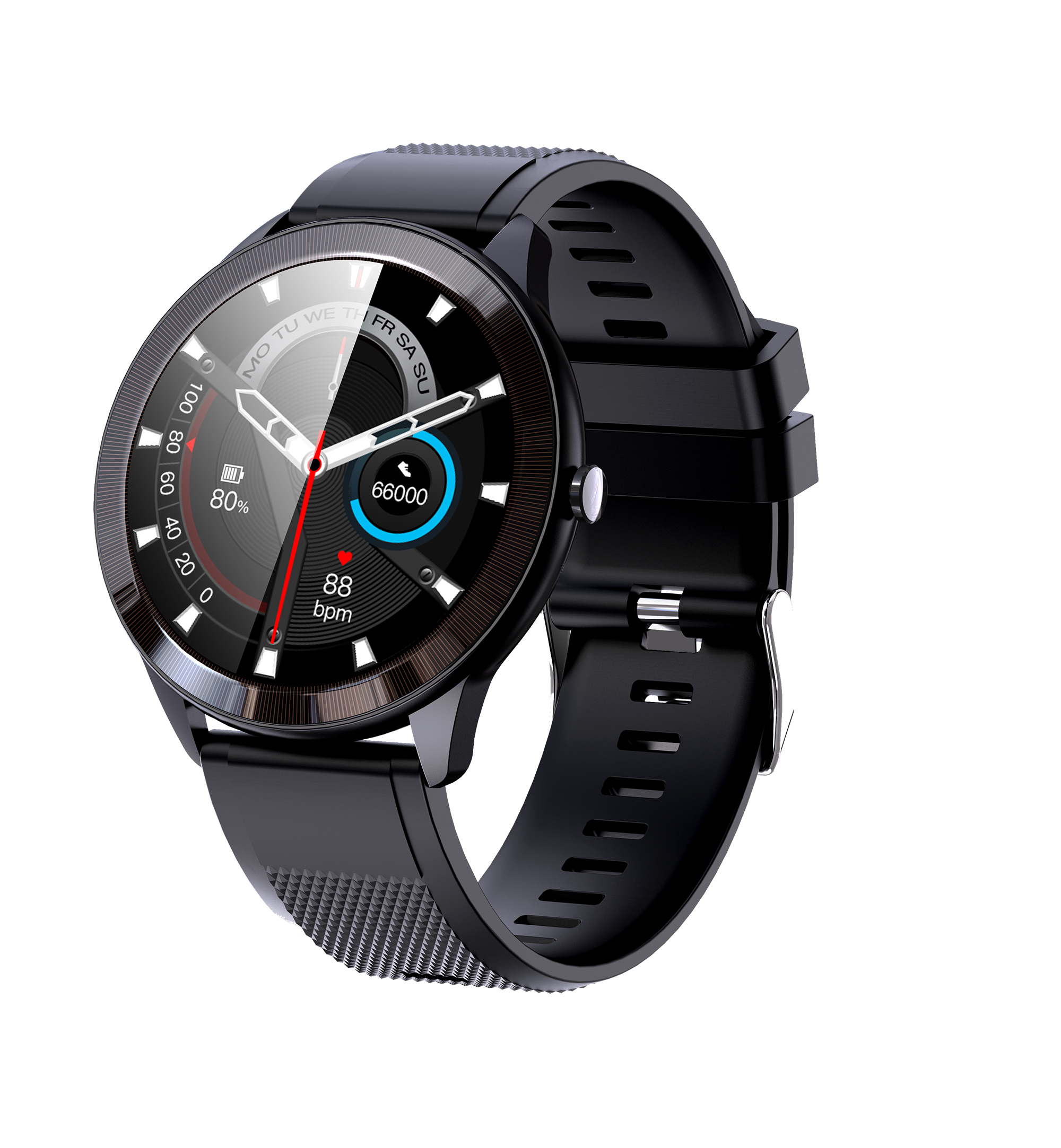 Uno smartwatch nero con quadrante rotondo. L'orologio mostra l'ora e la frequenza cardiaca.